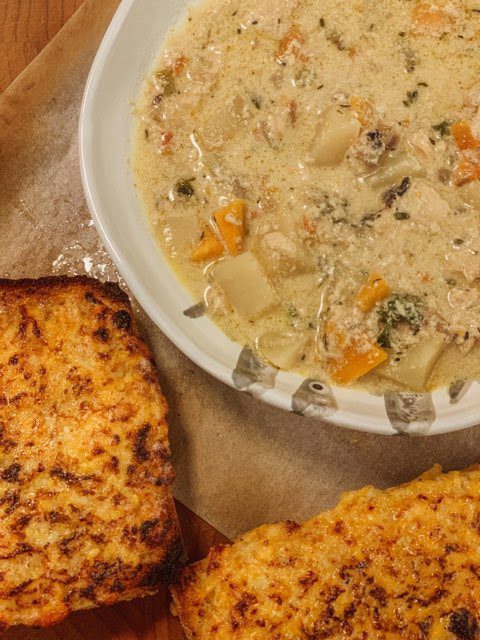 A bowl of creamy swordfish chowder