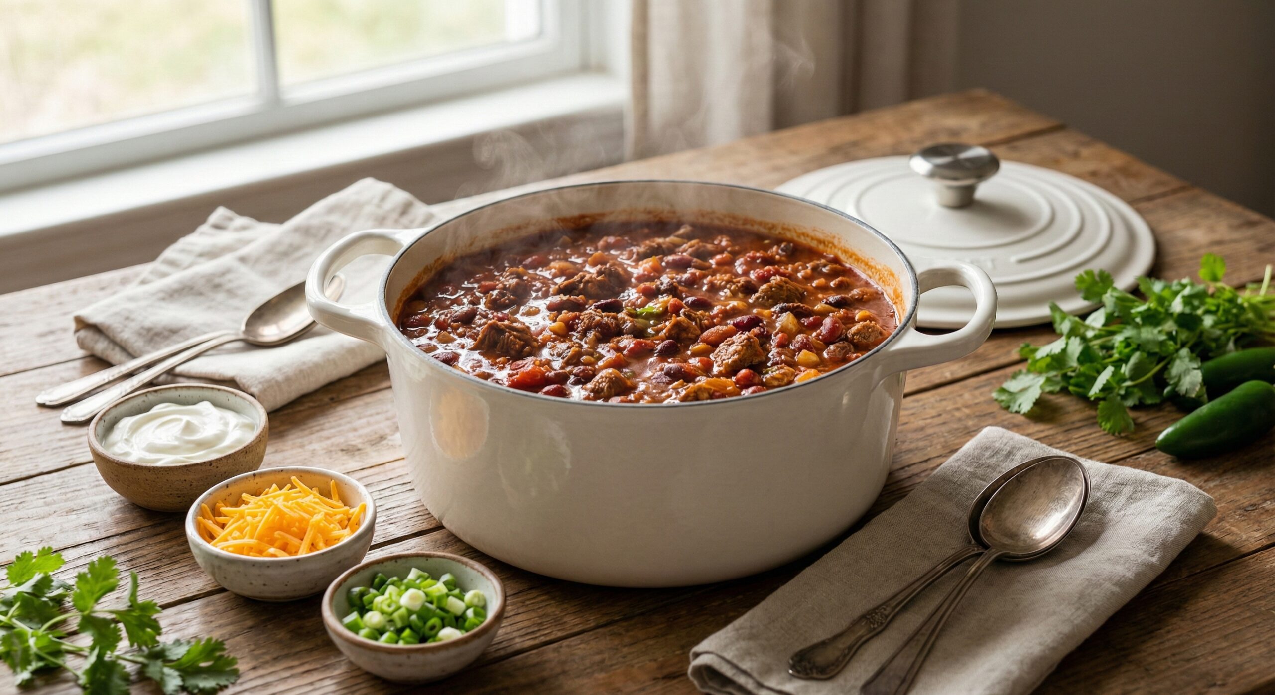 A large professional stock pot of game day chili anchoring a self-serve station