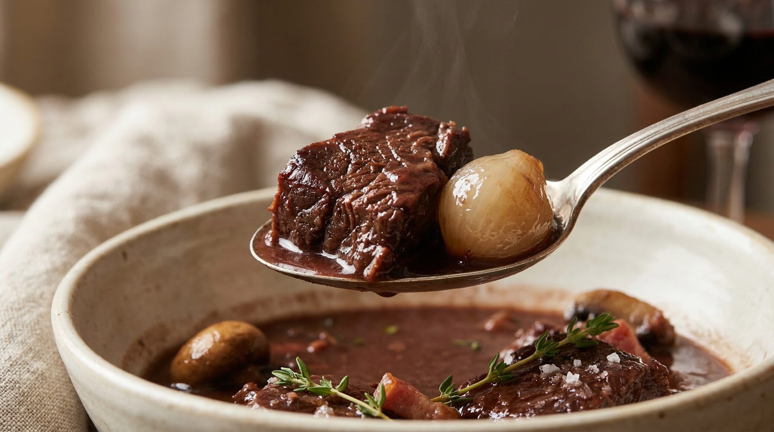 Macro detail of a fork-tender piece of wine-braised beef and a glossy pearl onion