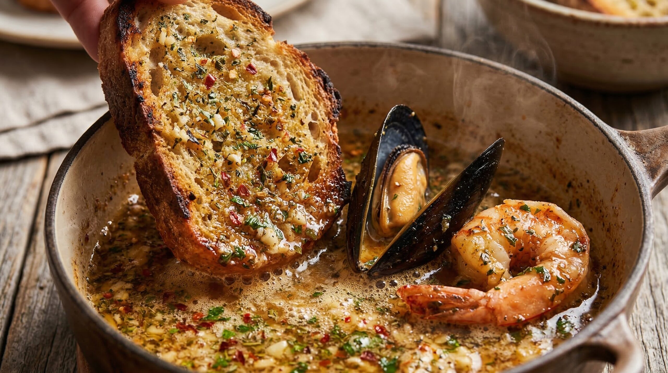 Rustic garlic toast dipping into a rich, steaming Cajun seafood reduction