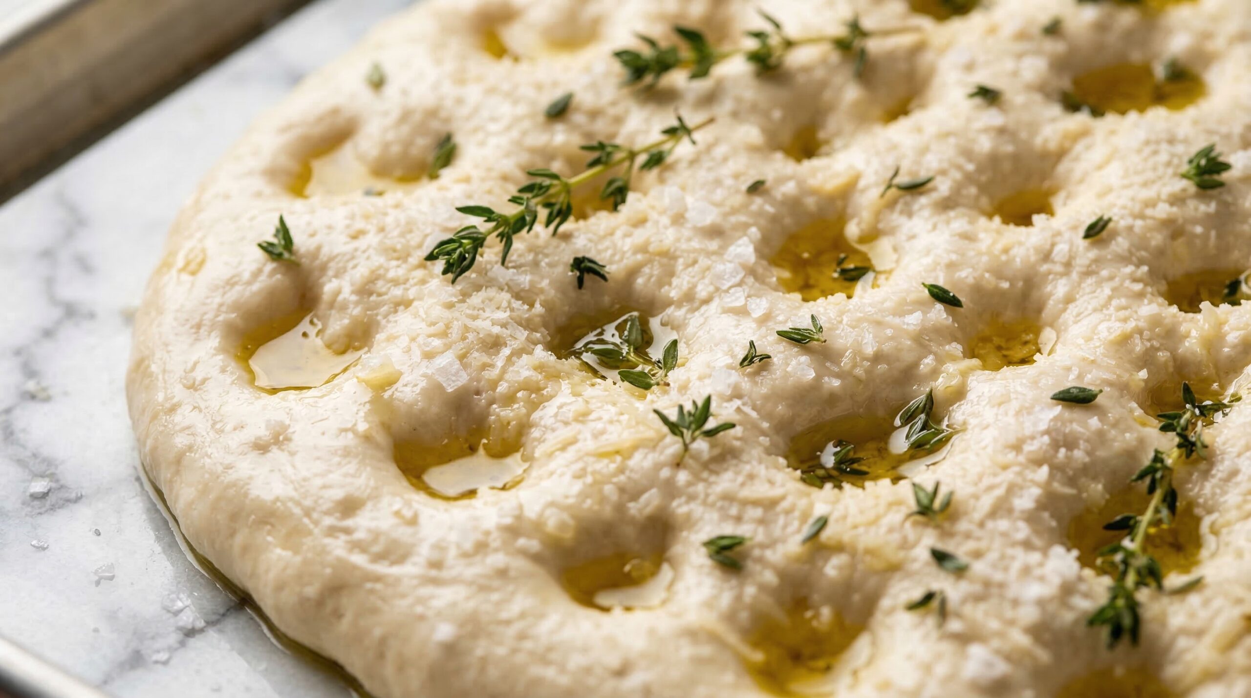 Macro detail of dimpled focaccia dough pooled with extra virgin olive oil
