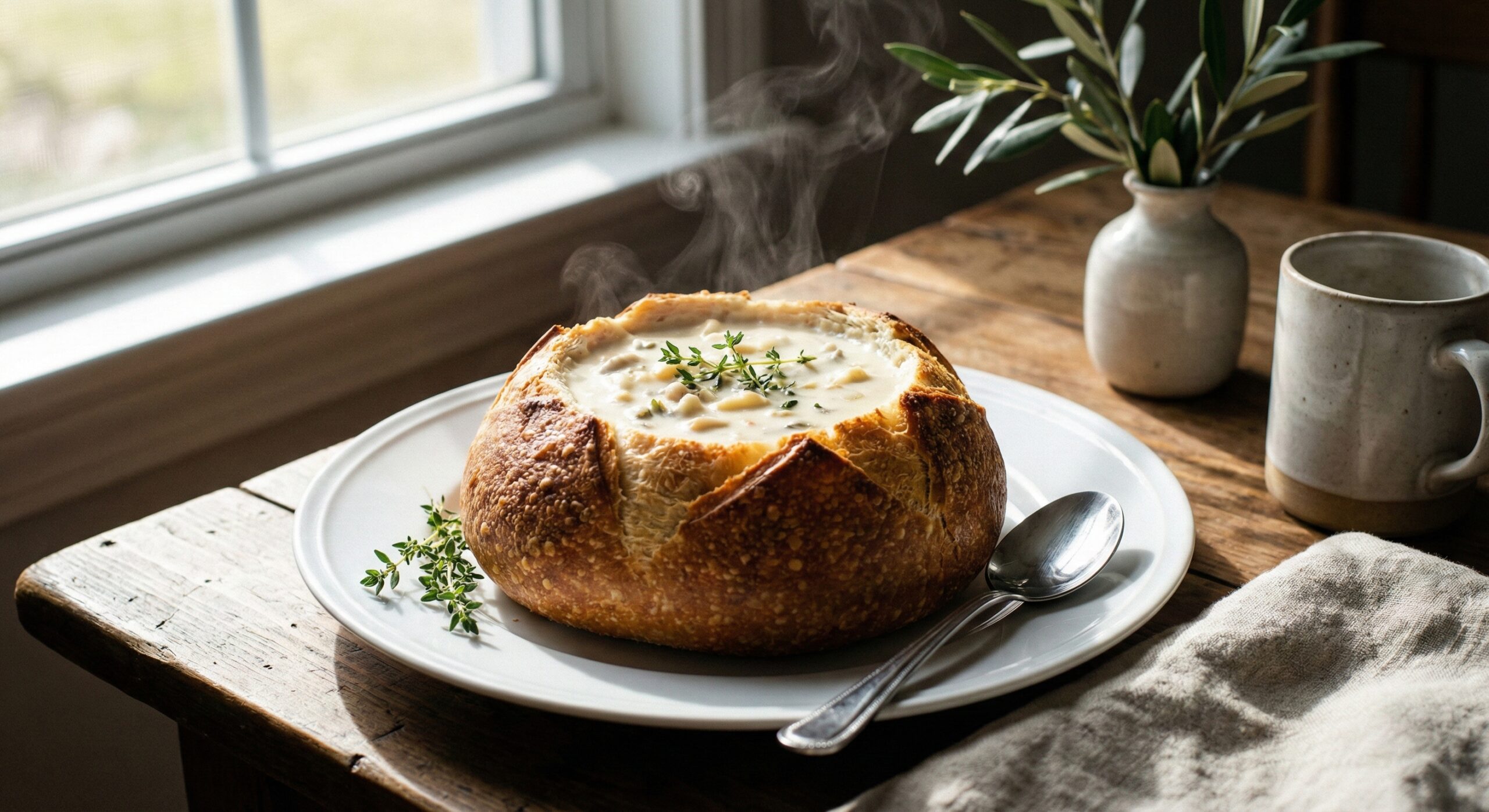 Coastal Seafood Chowder served inside a toasted Seattle Sourdough Bowl