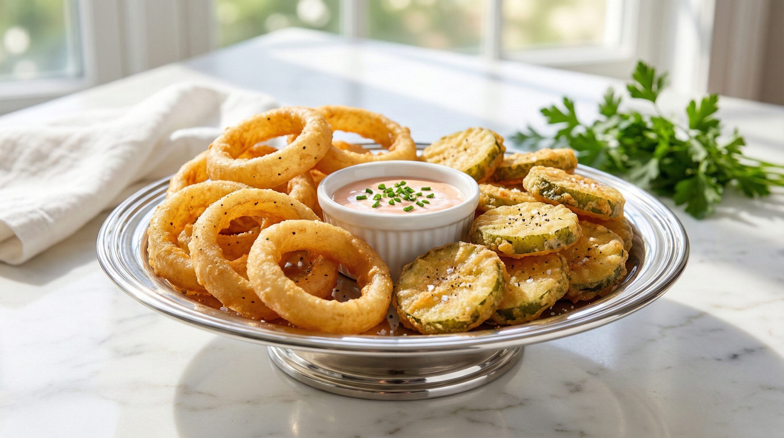Crispy fried dill pickles and sweet Vidalia onion rings served estate style