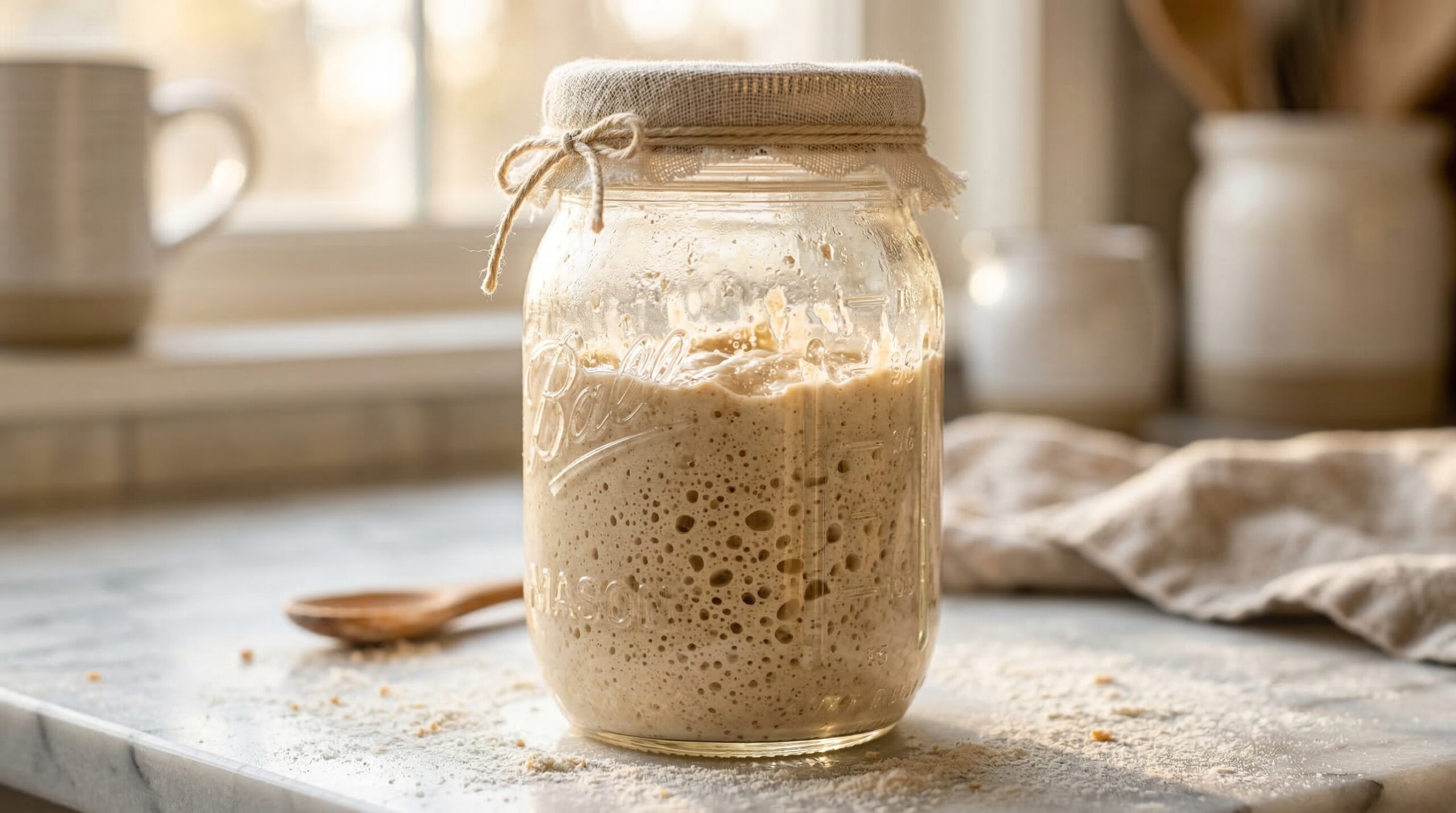 Active, bubbling wild yeast sourdough starter in a glass mason jar