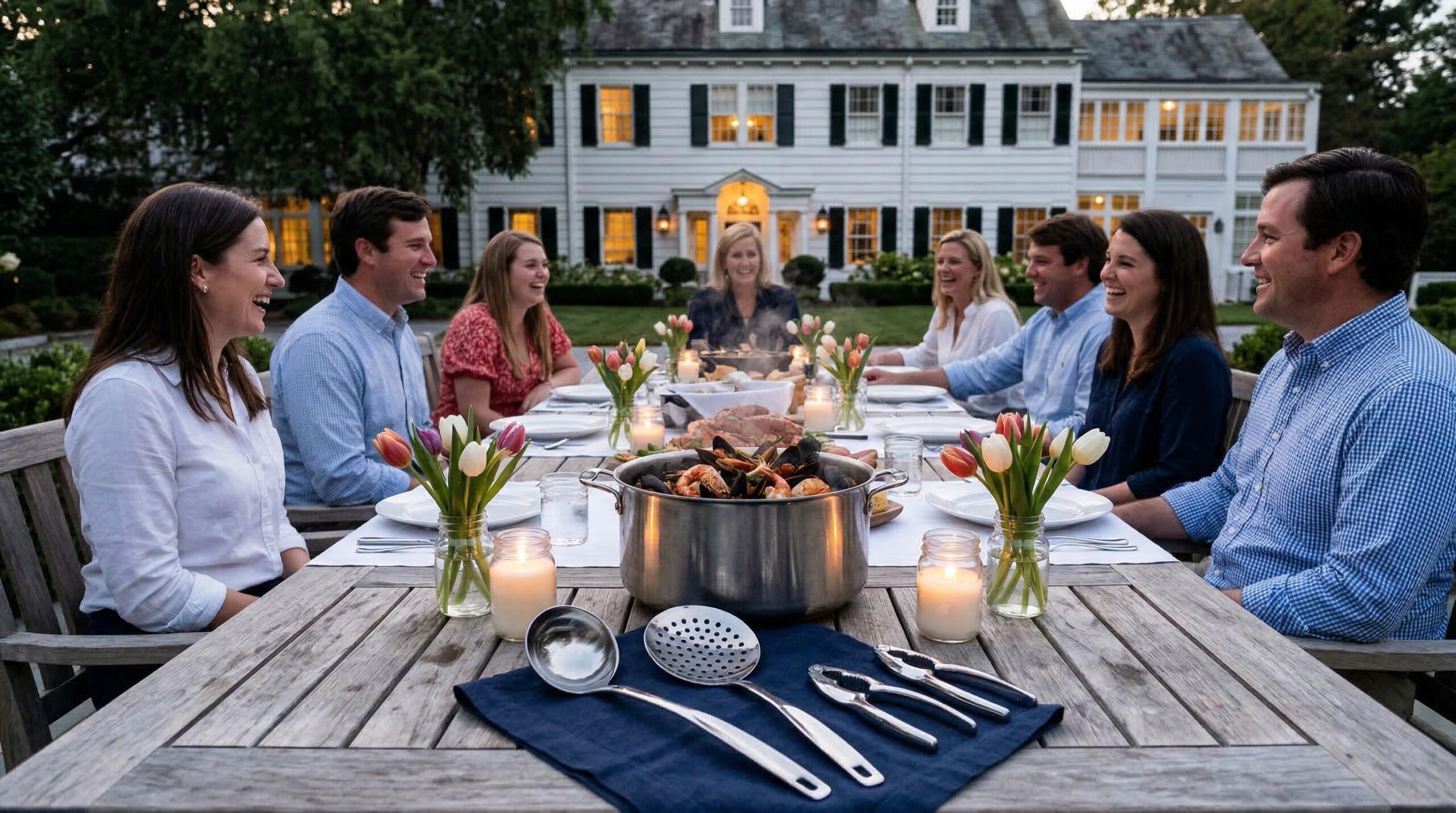 Spring patio supper for eight featuring a communal pot of Cajun mussels and shrimp with fresh tulips