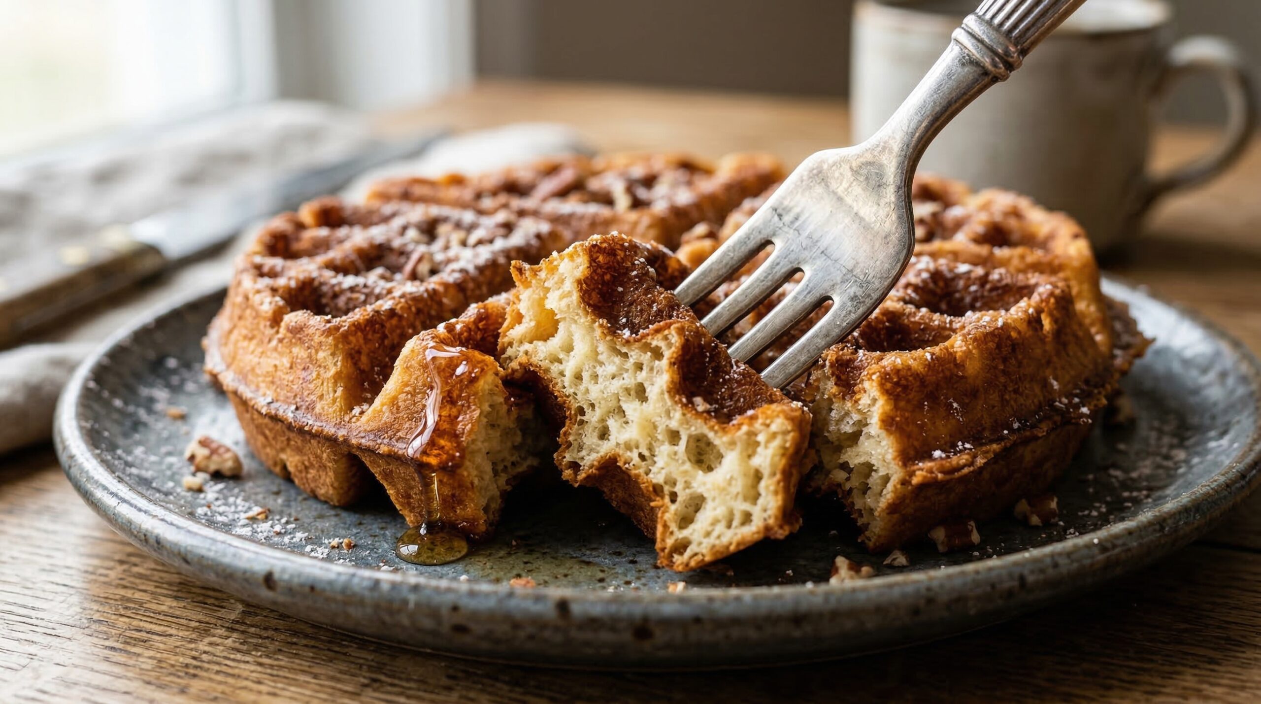 A macro shot of a fork cutting into a thick waffle, revealing the incredibly light, airy interior crumb contrasting with the deeply browned, crispy exterior grid