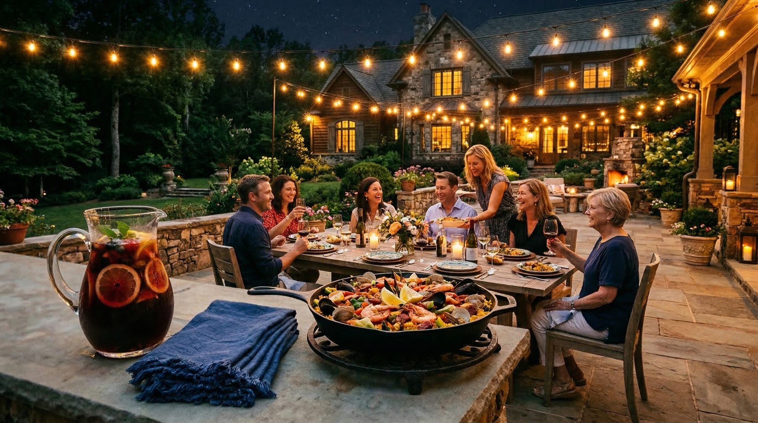 Late-night estate patio gathering for eight featuring a massive cast-iron skillet of paella under warm bistro lights