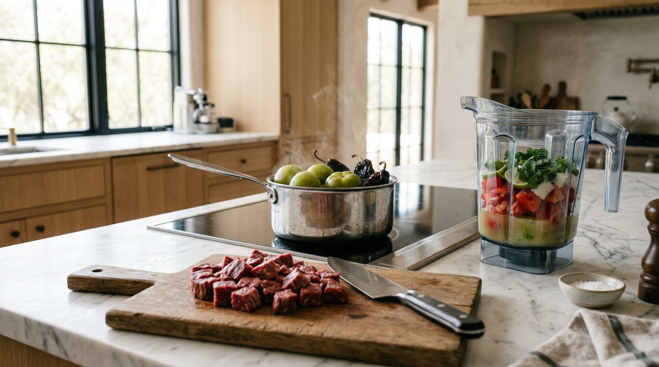 Technical preparation of green tomatillos and dried ancho chilis for a signature taco reduction