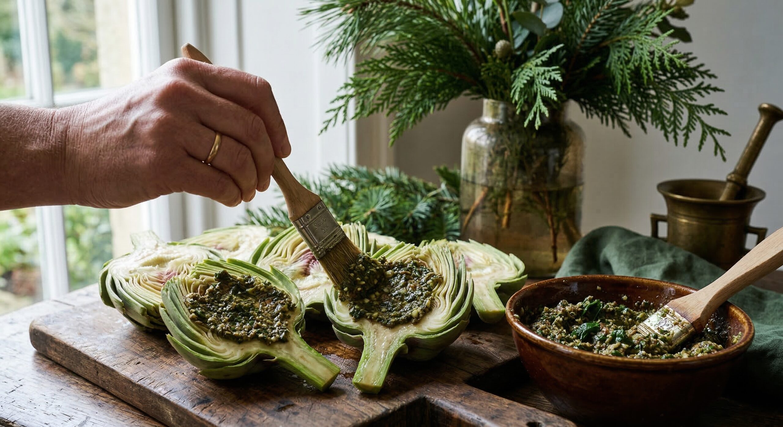 Brushing a savory anchovy and basil pesto onto trimmed artichoke halves