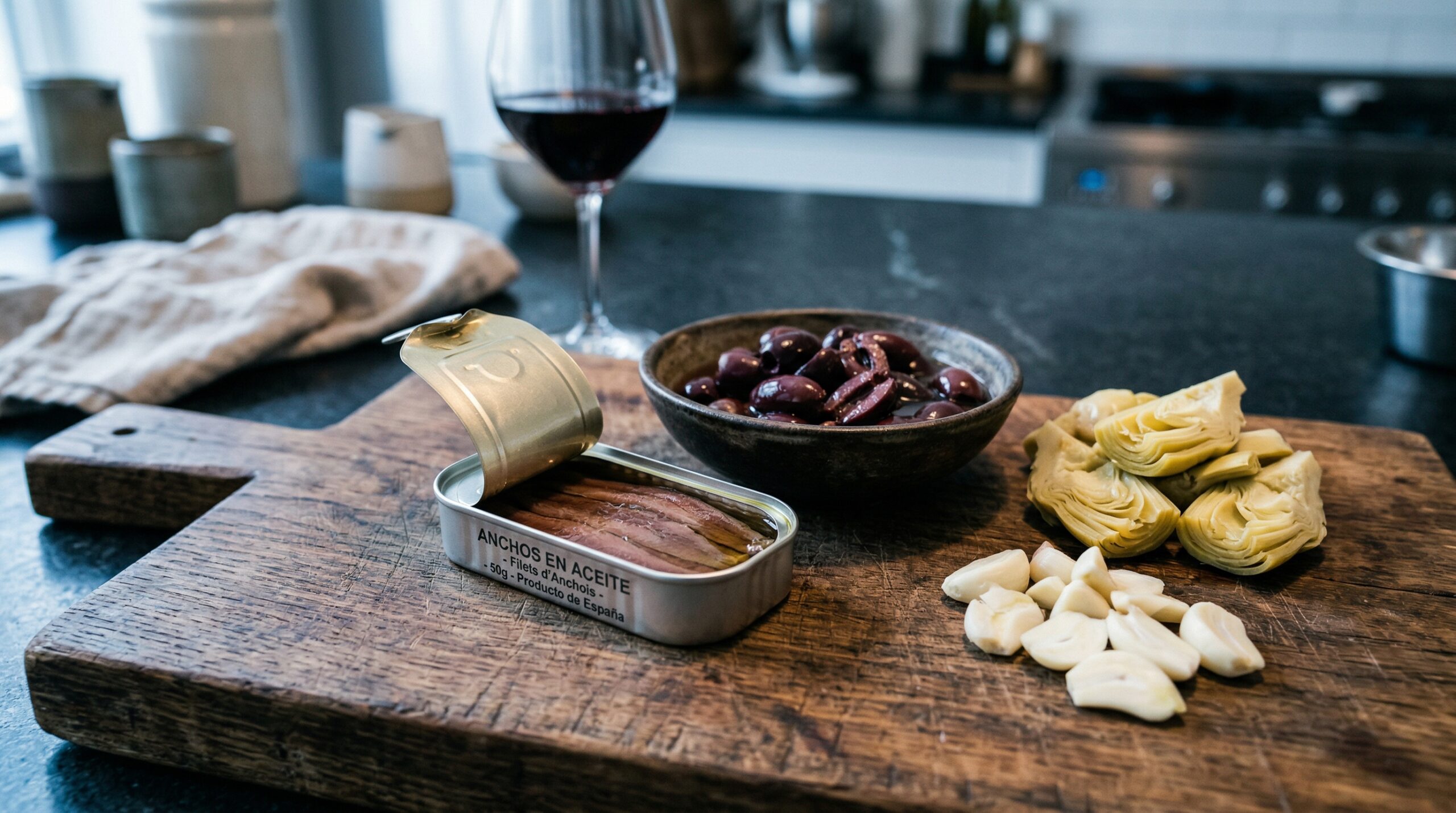 A small open tin of anchovies resting next to halved Kalamata olives, sliced artichoke hearts, and peeled garlic cloves on a heavy wooden prep board