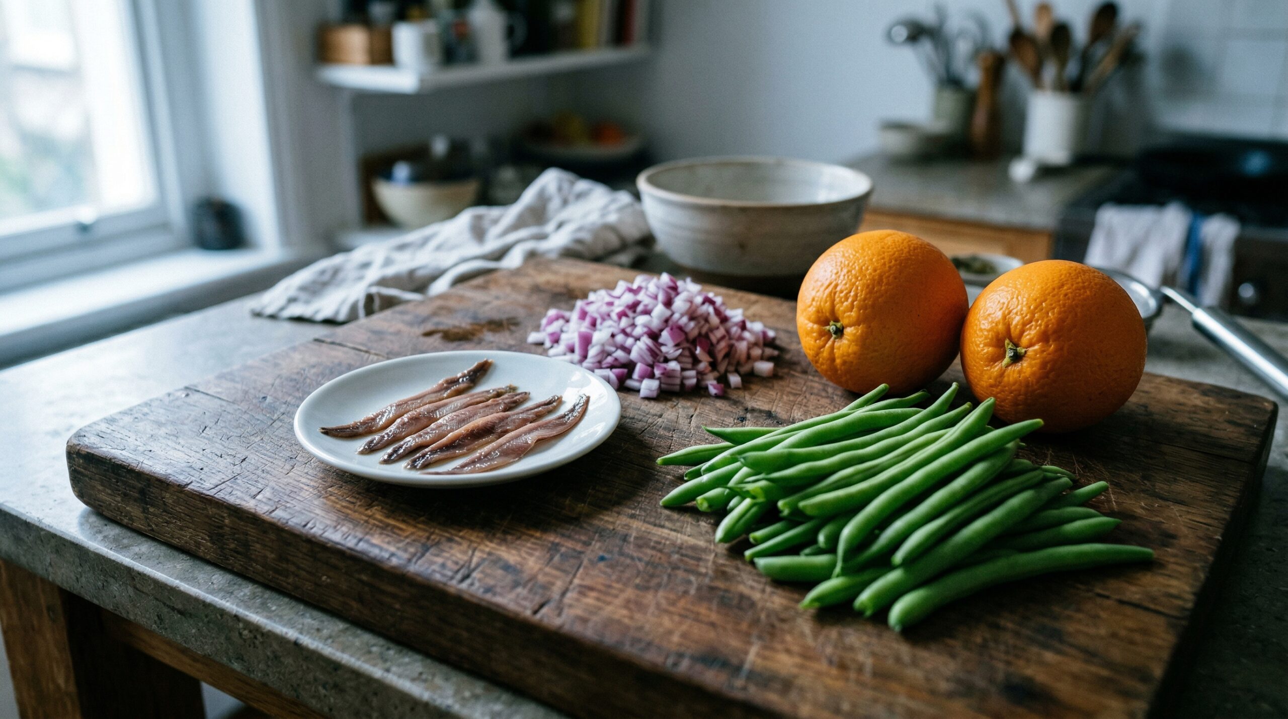 Delicate anchovy fillets resting on a small white saucer next to finely diced red onions and freshly trimmed green beans