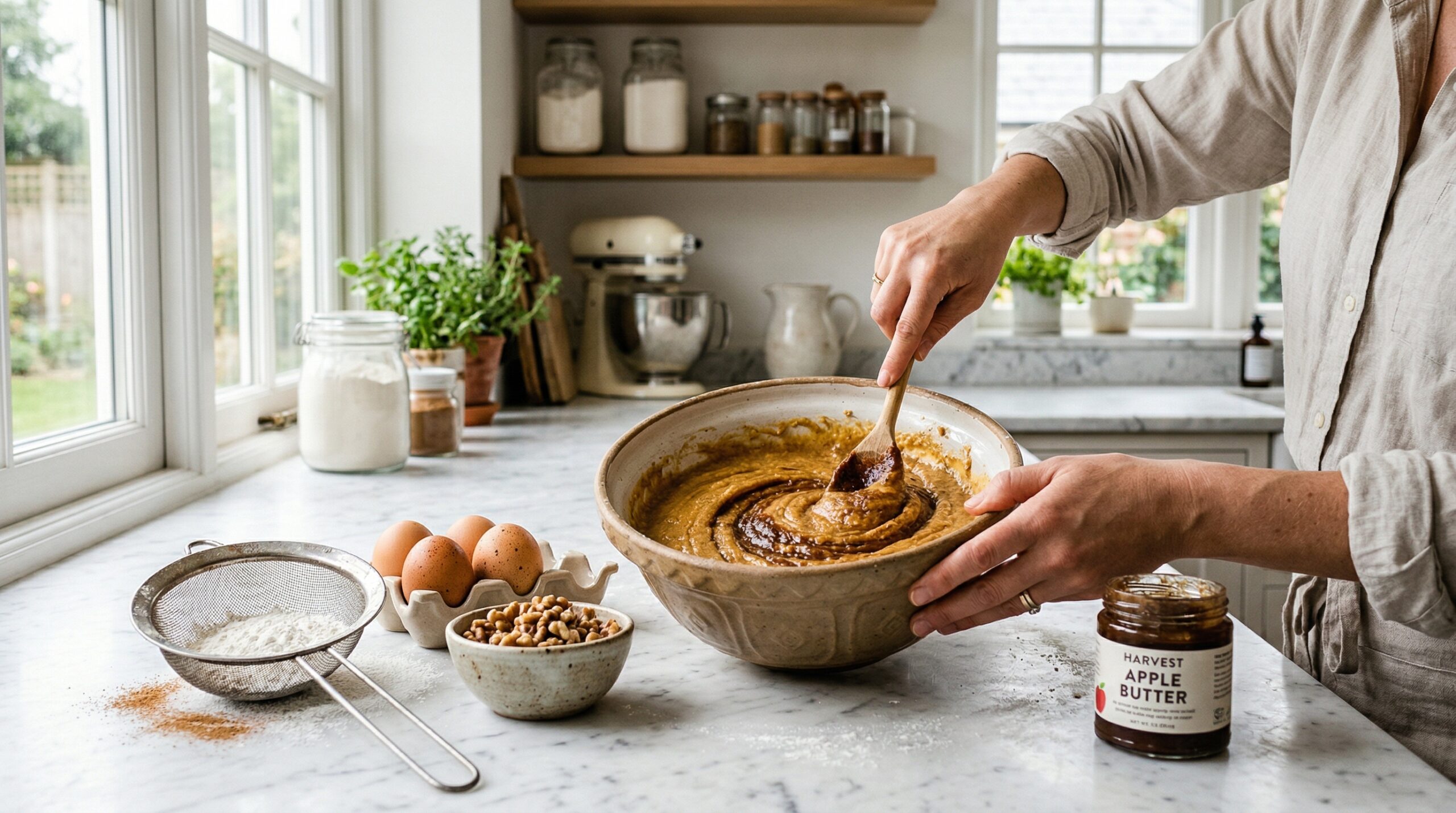 Technical preparation of apple butter cake batter showing the integration of rich fruit reduction