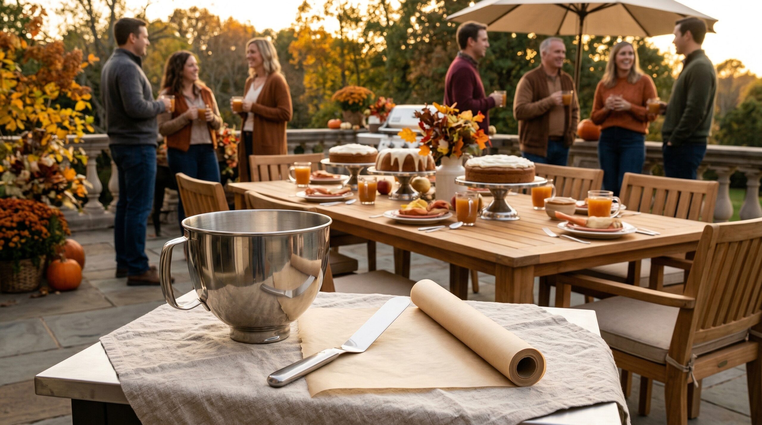 Festive autumn estate gathering for eight featuring whole Apple Butter Cakes and warm cider at sunset