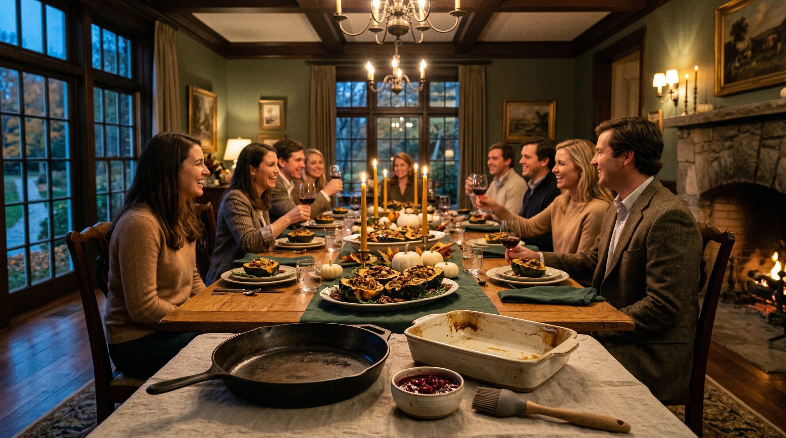 Intimate harvest-themed dinner for eight featuring stuffed acorn squash and warm candlelight at dusk