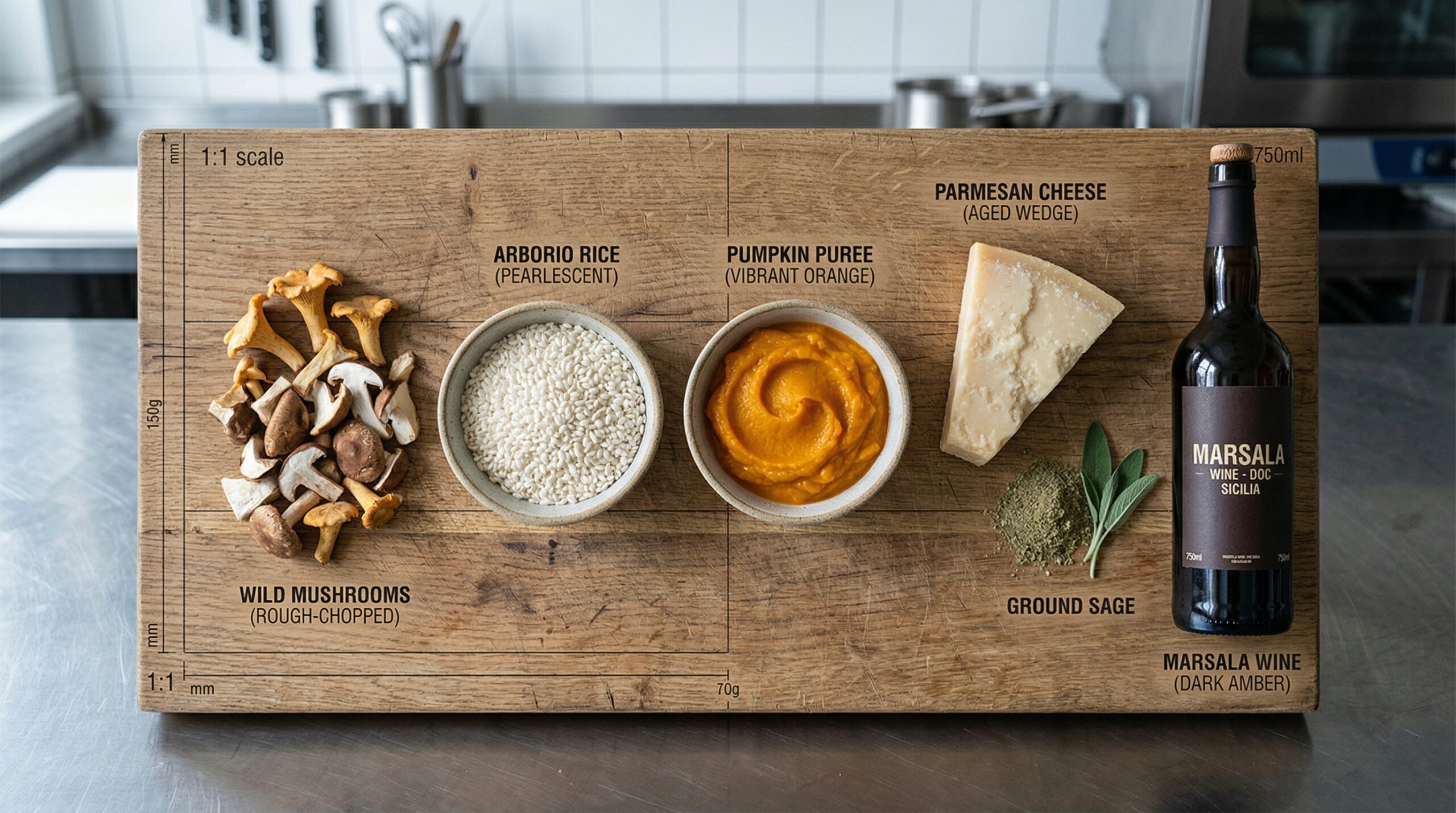 A small ceramic bowl of pearlescent Arborio rice resting next to vibrant orange pumpkin puree, chopped wild mushrooms, and dry Marsala wine