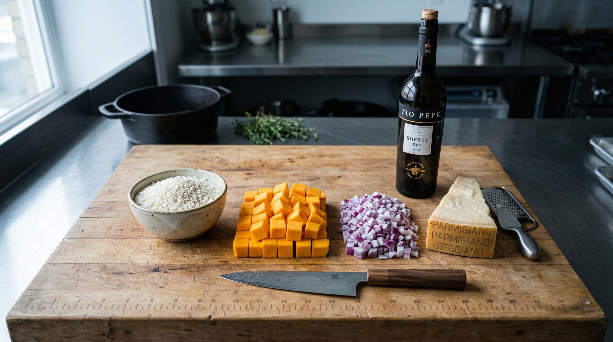 A small ceramic bowl of pearlescent Arborio rice resting next to perfectly cubed raw butternut squash and finely diced red onions