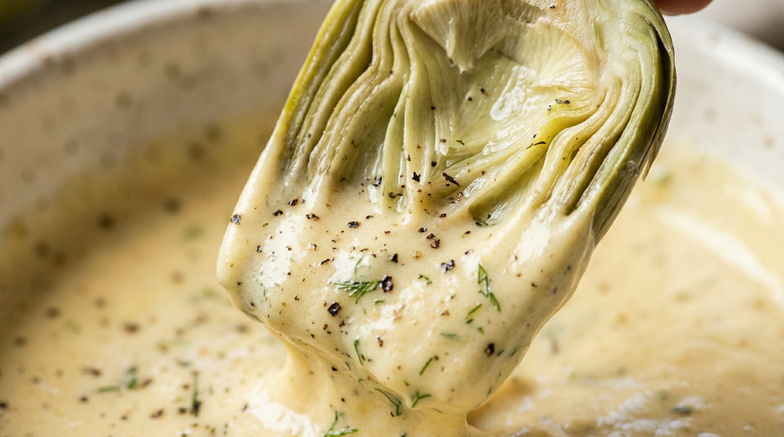 Macro detail of a tender artichoke leaf being dredged through a creamy lemon balsamic sauce