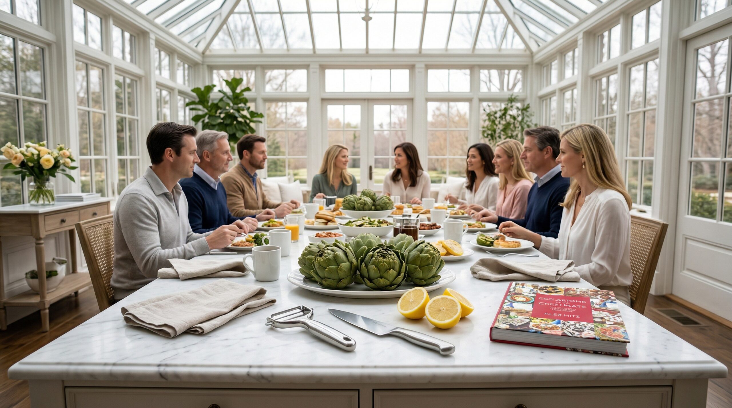 Unhurried mid-morning estate sunroom gathering for eight featuring whole steamed artichokes and coffee