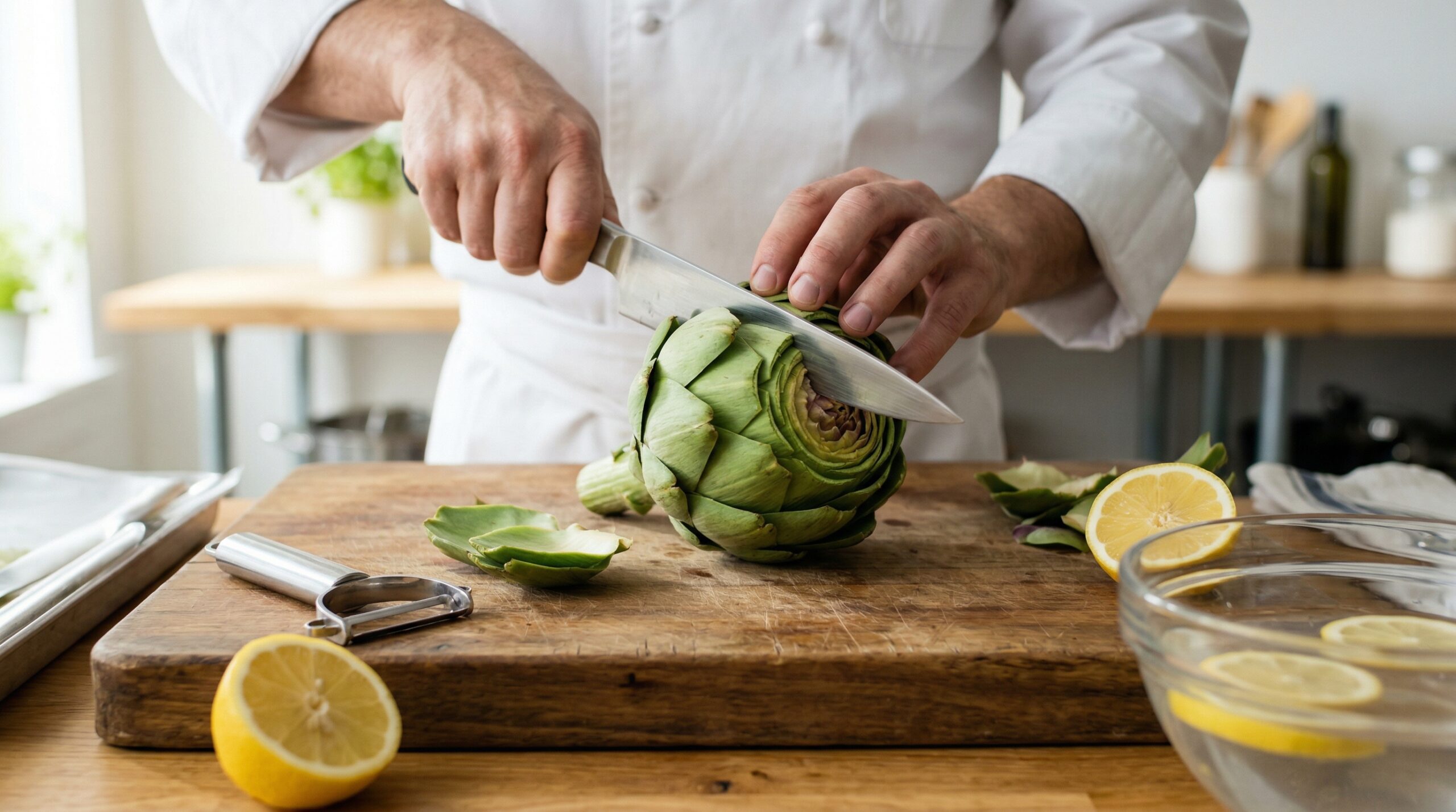 The architectural trim of a fresh artichoke featuring a sharp chef's knife and lemon rub technique