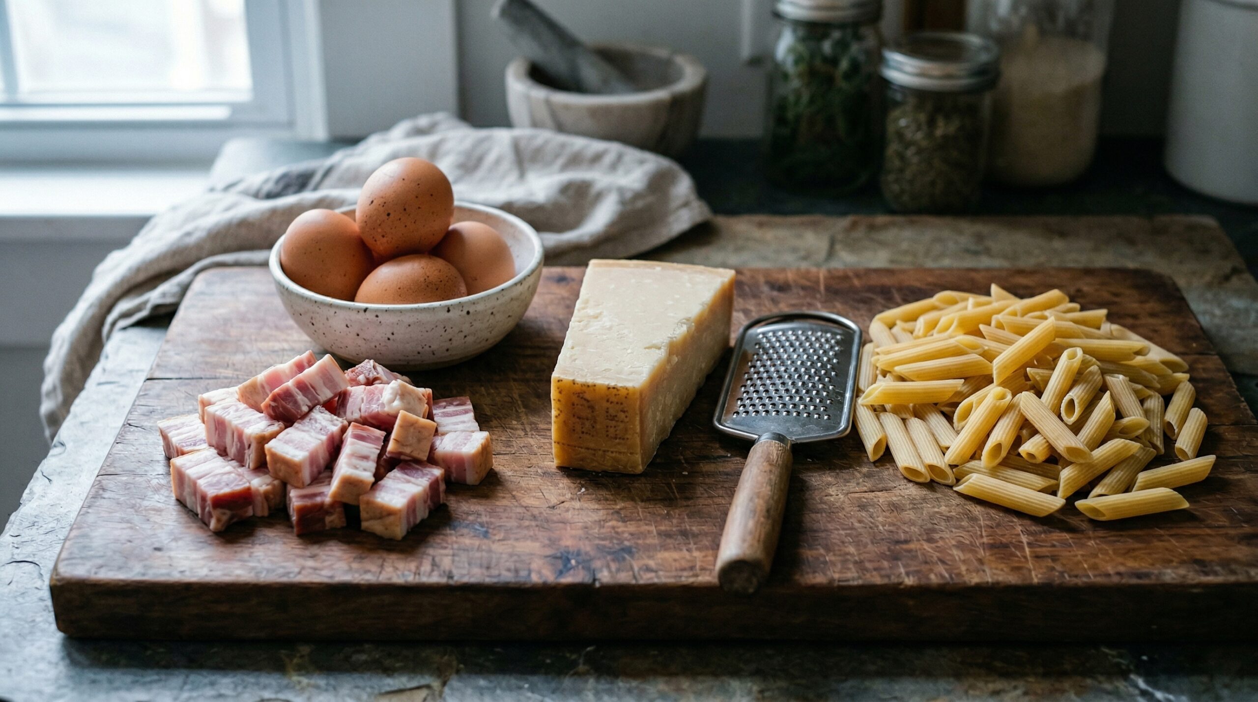 Thick-cut bacon, aged Parmesan cheese, fresh eggs, and dry penne pasta resting on a heavy wooden prep board
