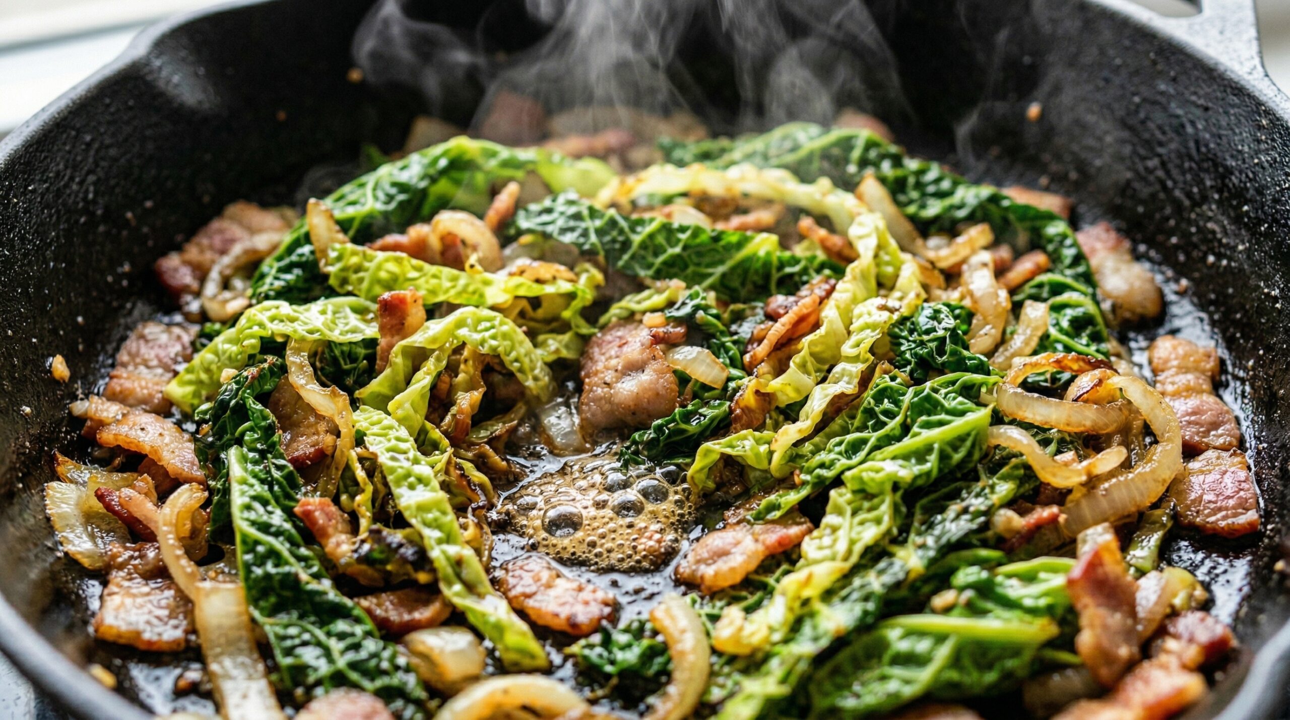 Macro detail of thick ribbons of bright green Savoy cabbage softening and caramelizing in bubbling rendered bacon fat inside a heavy cast-iron skillet