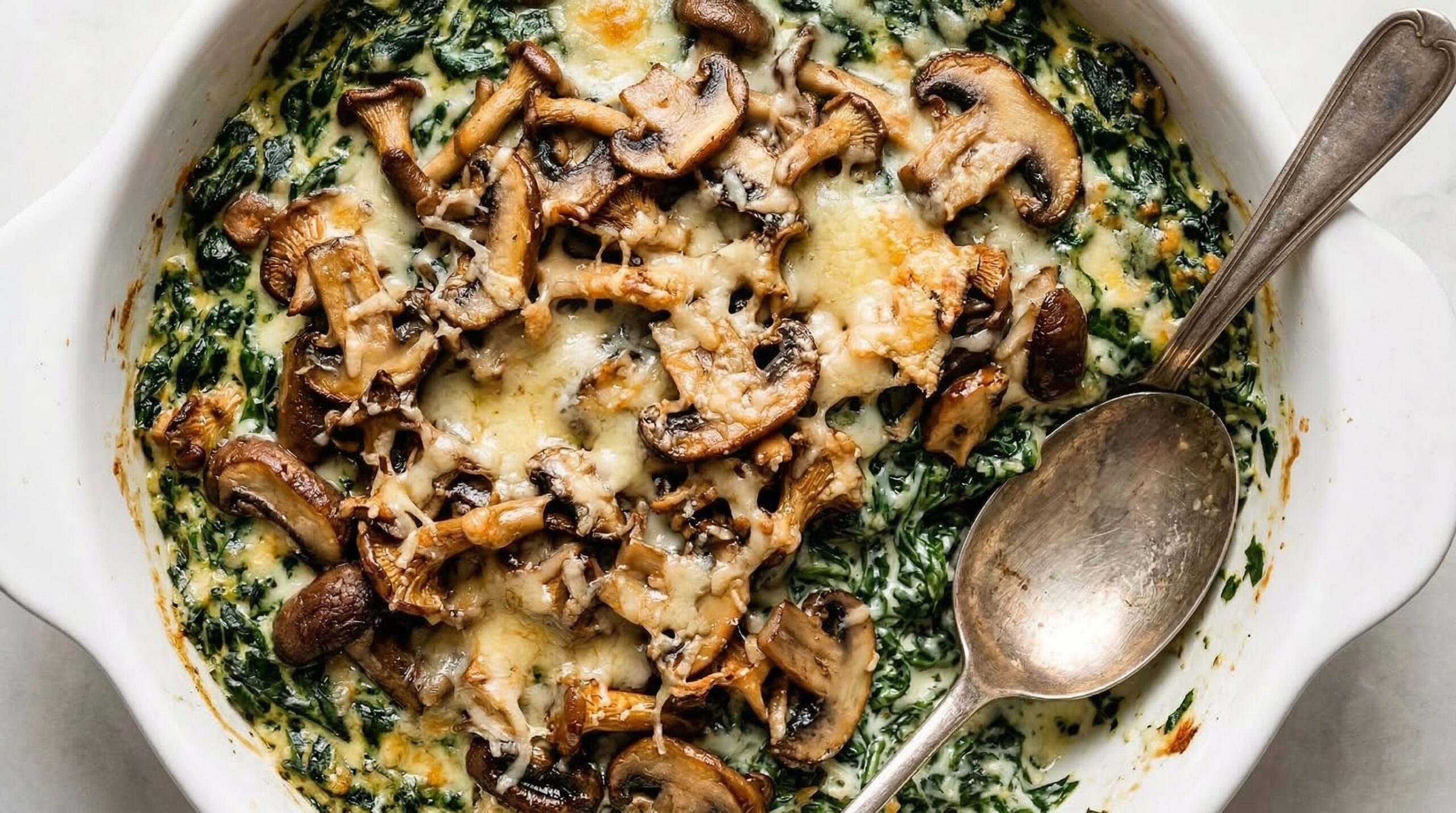 A bubbling ceramic dish of creamed spinach topped with golden sautéed wild mushrooms