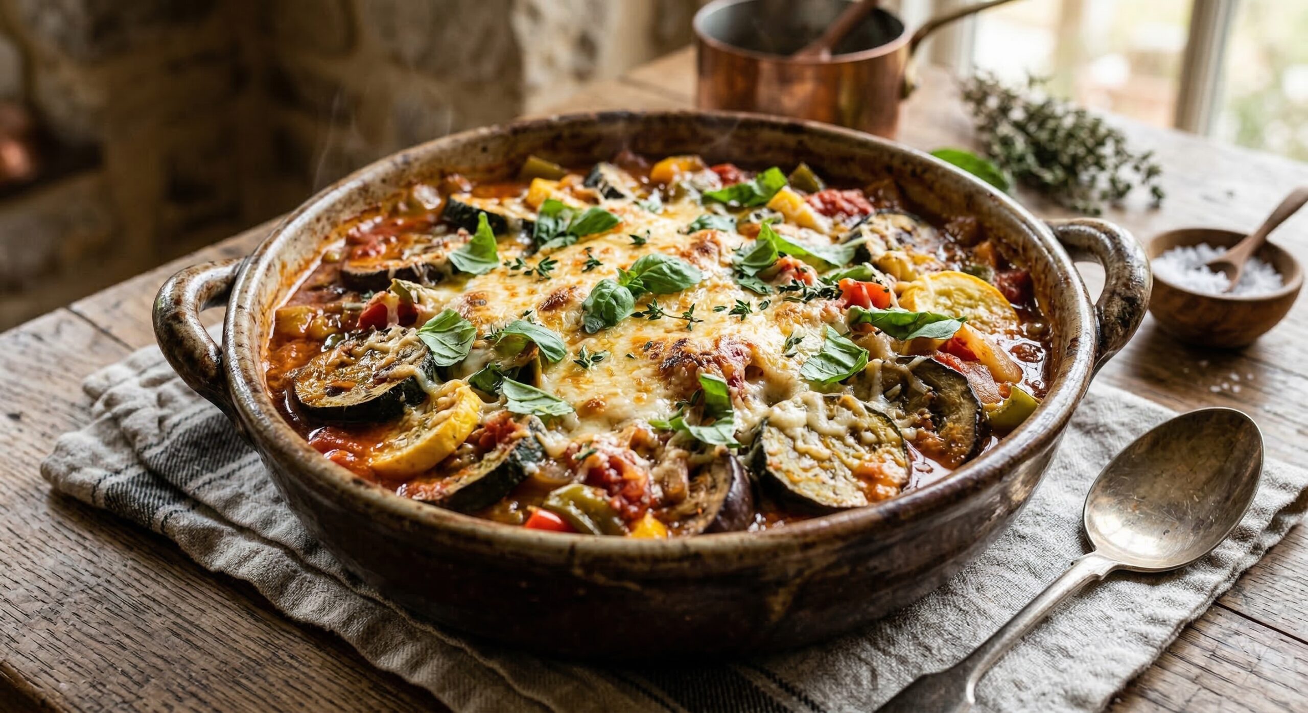 A bubbling dish of vegetable ratatouille topped with melted parmesan and fresh basil