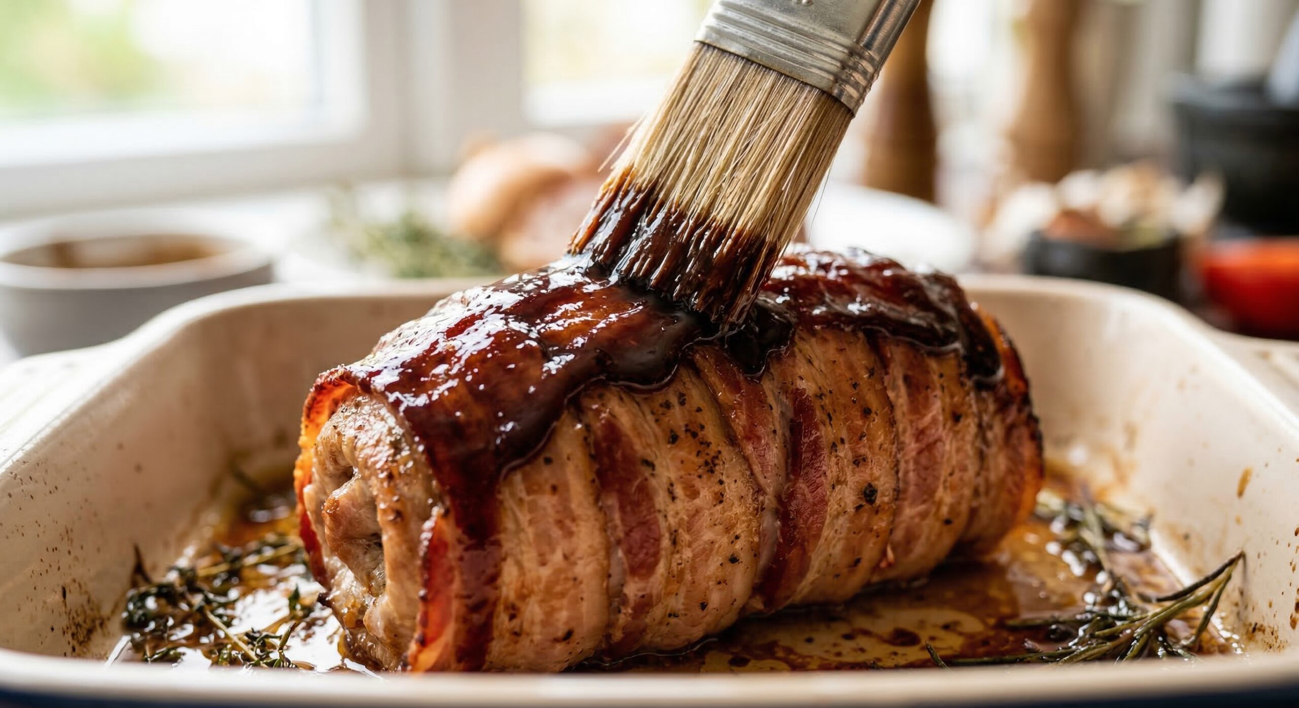 Macro detail of a thick balsamic and ketchup glaze being brushed over bacon-wrapped pork