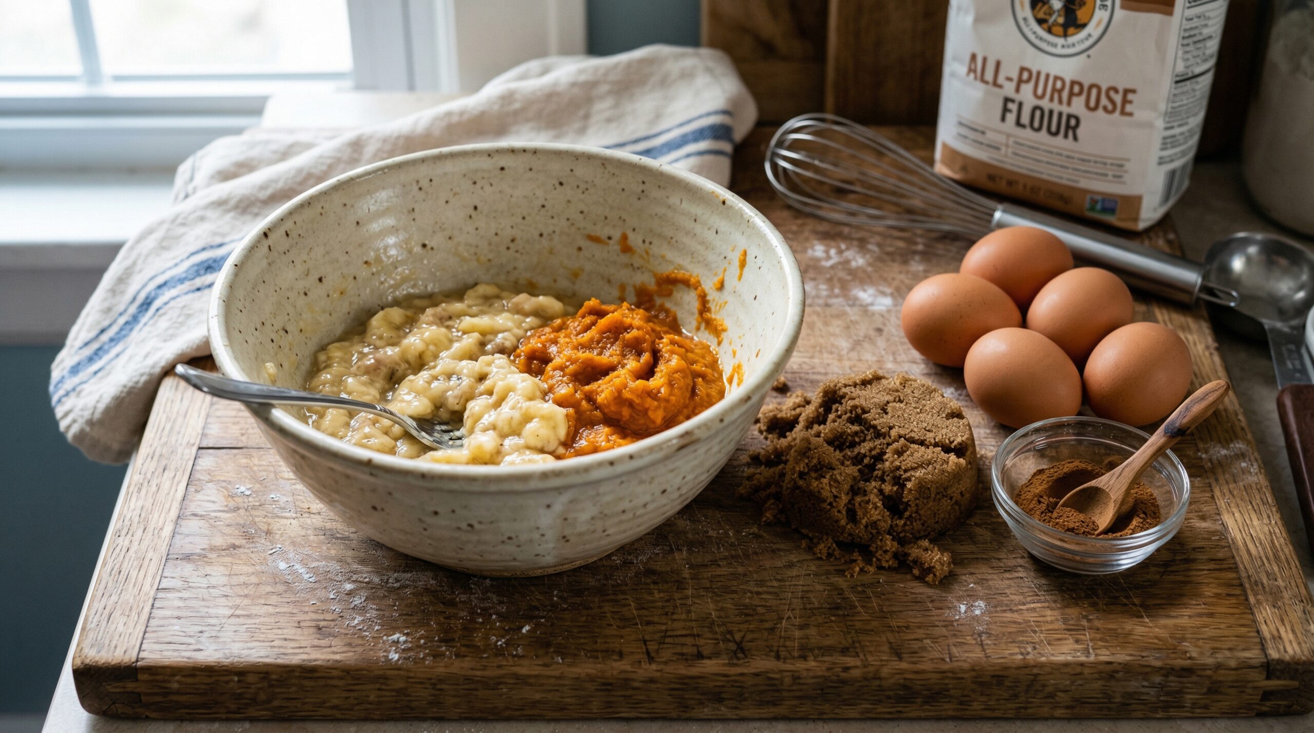 A heavy ceramic mixing bowl filled with mashed ripe bananas and deep orange pumpkin puree resting on a heavy wooden prep board