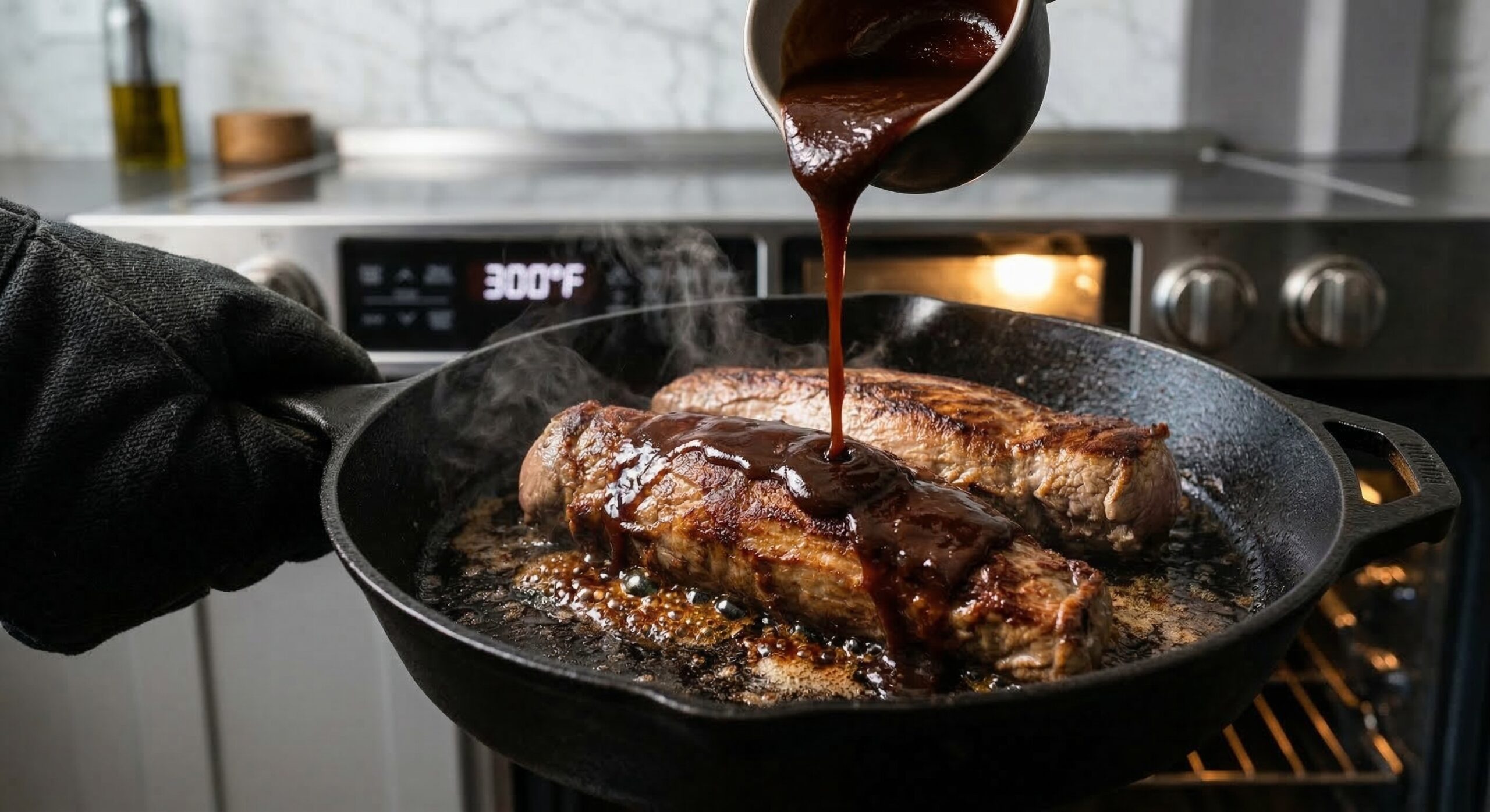 Allowing the final barbecue sauce glaze to thicken and caramelize in a hot cast-iron pan