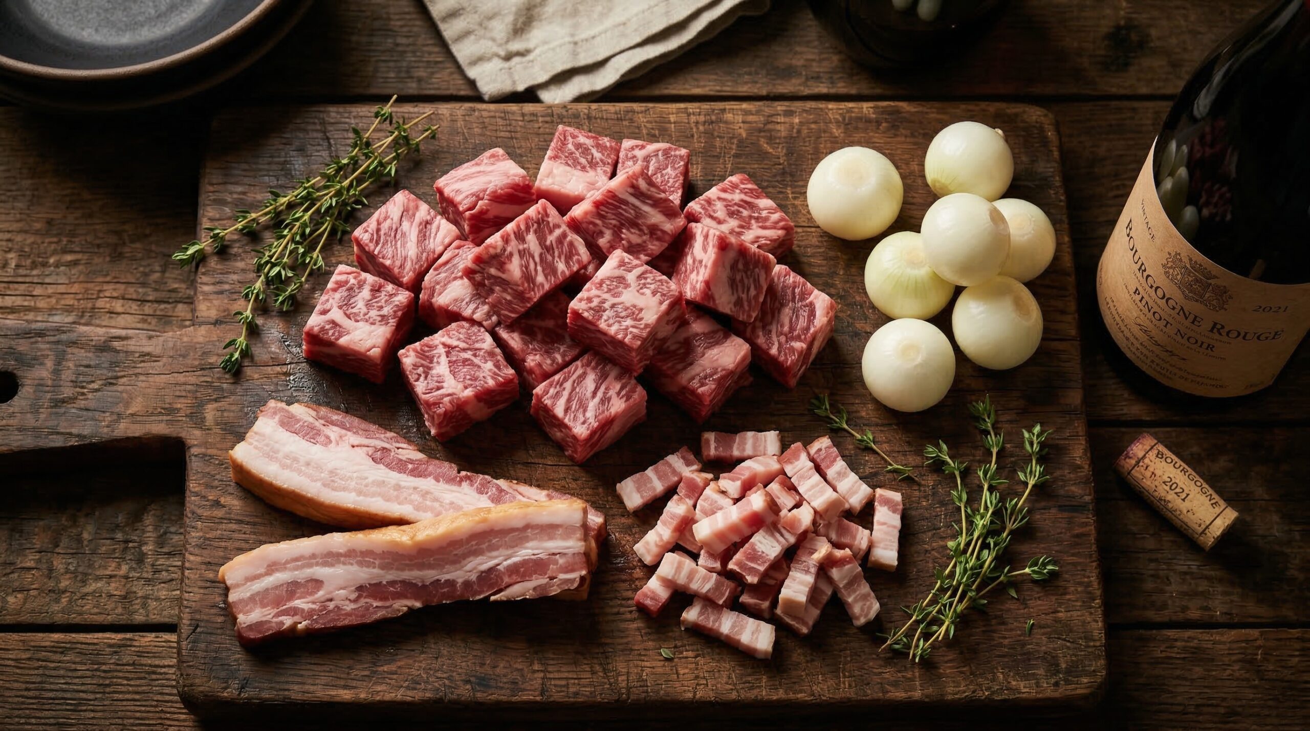 Beef Bourguignon prep including cubed beef chuck, bacon, pearl onions, and red wine on marble