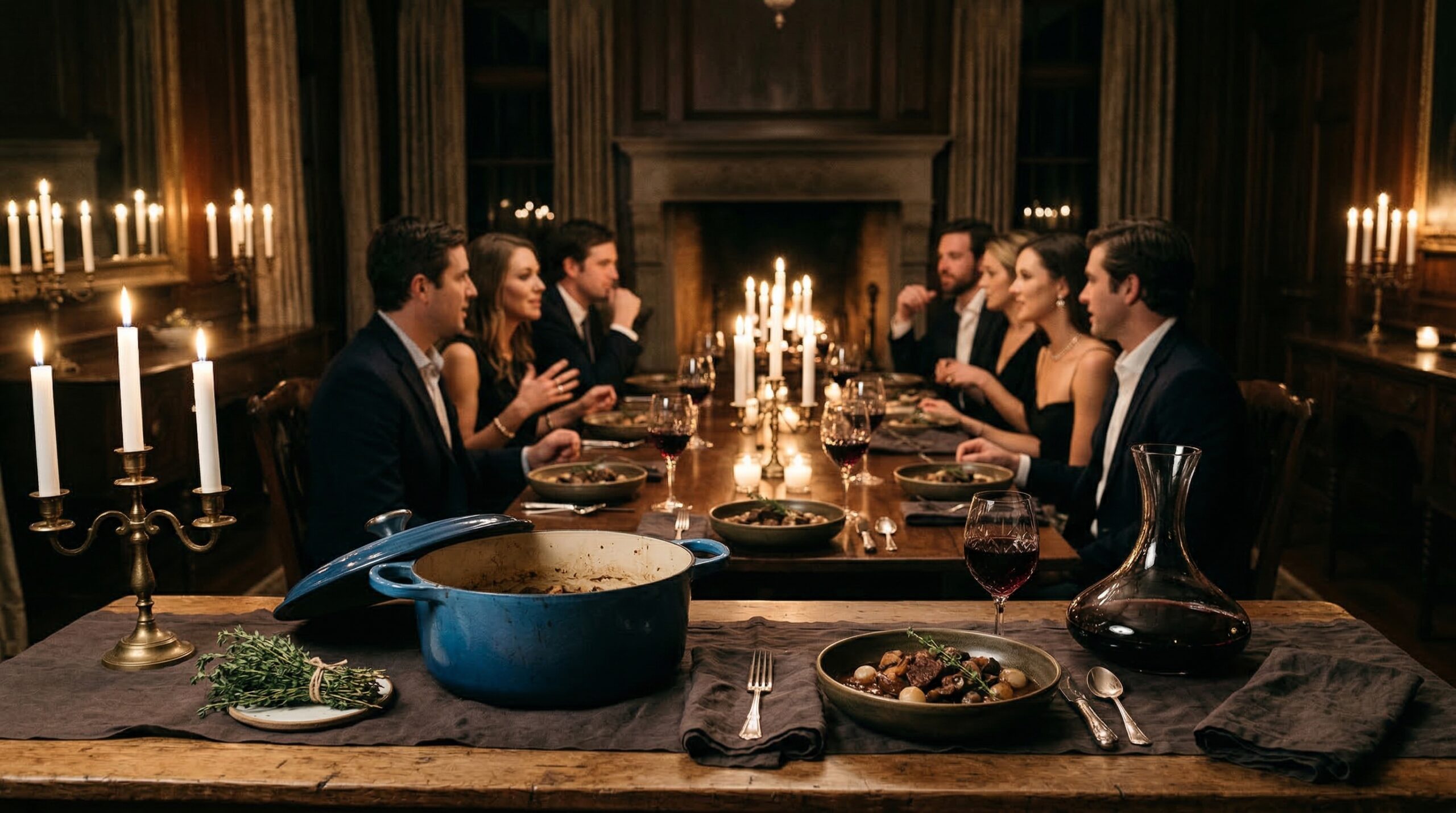 Intimate low-lit estate dinner for eight featuring rich Beef Bourguignon and glowing white taper candles