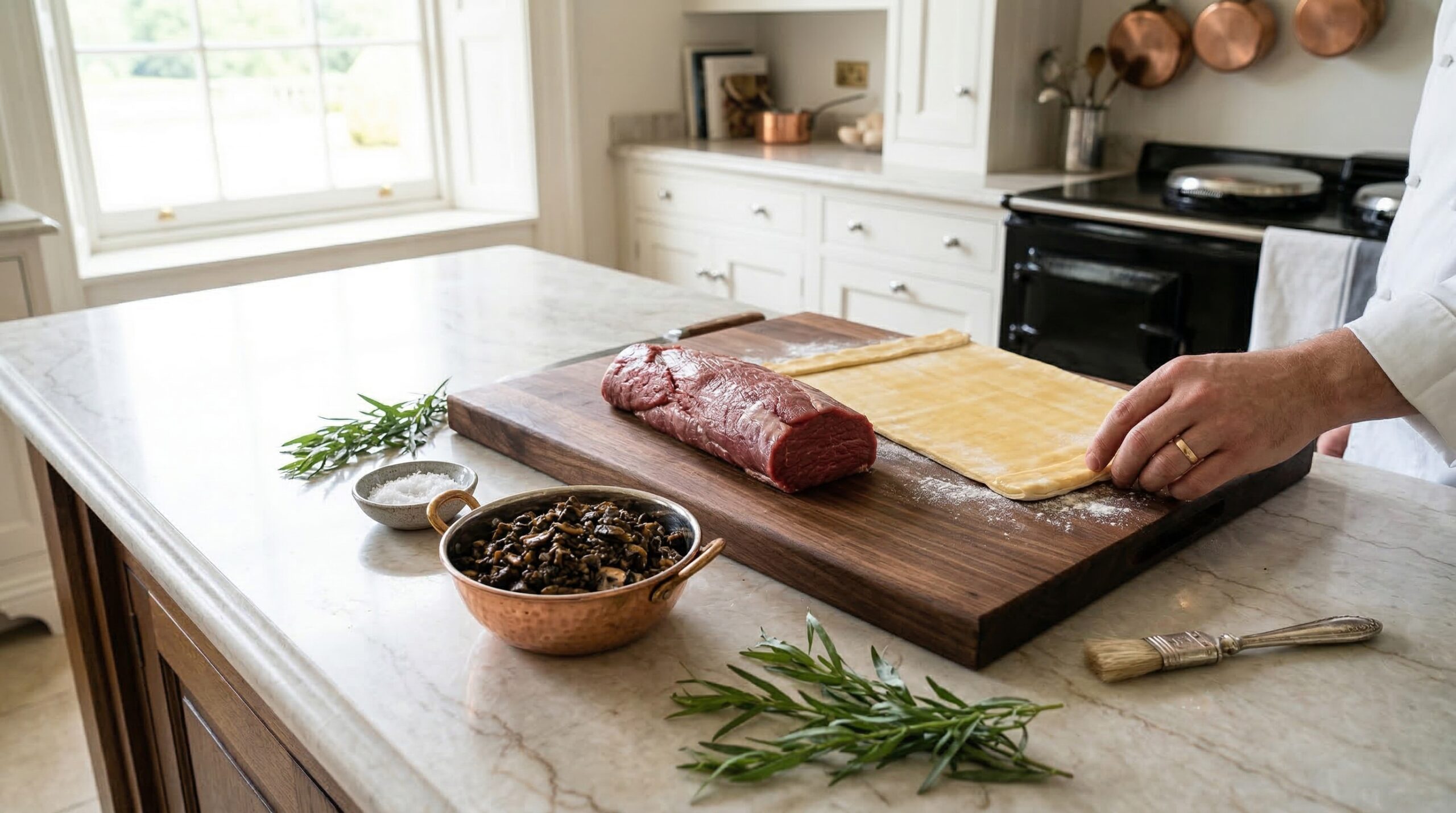 Preparation of Beef Wellington on a wooden cutting board