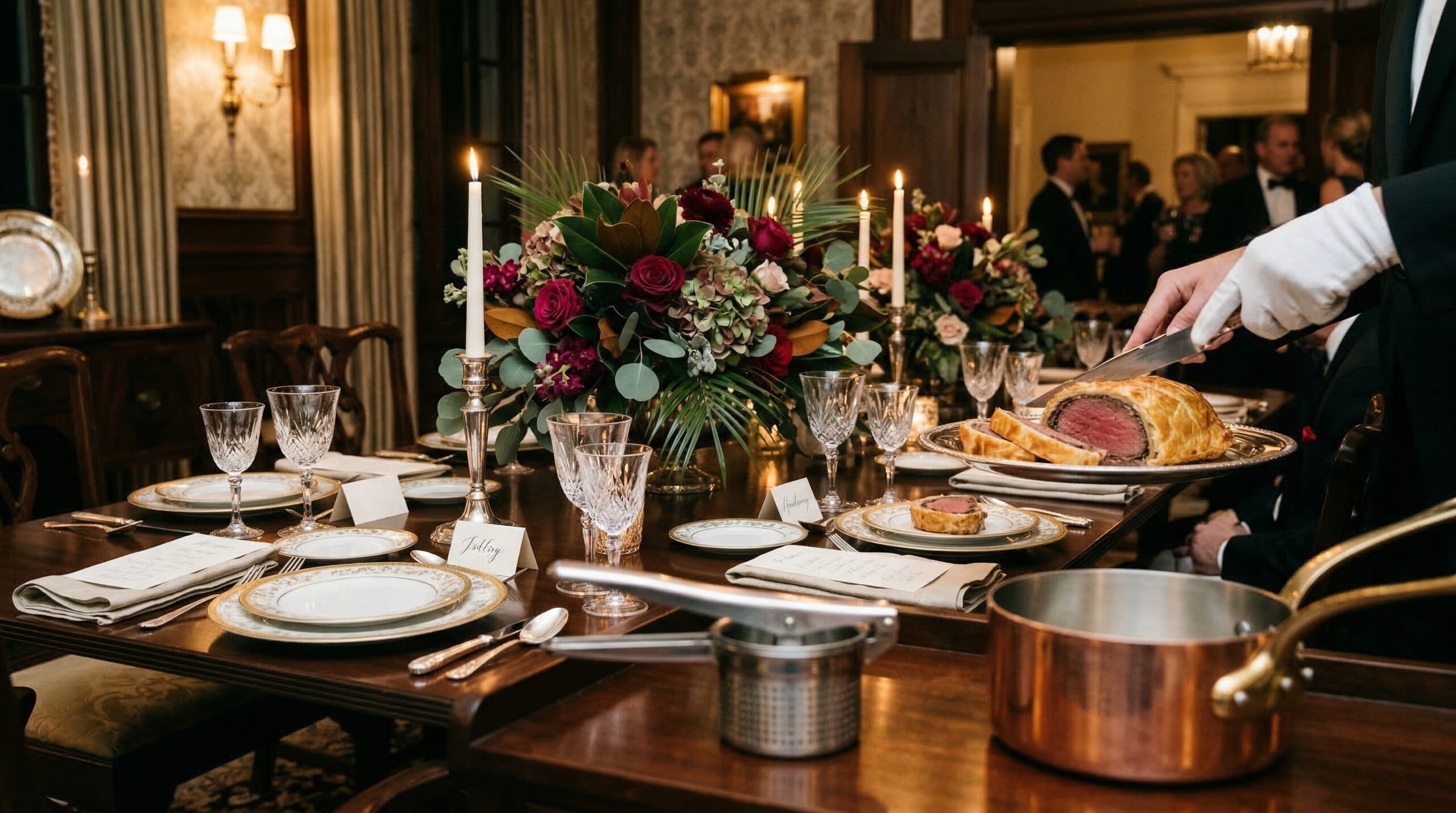 Formal estate dining room set for eight with Beef Wellington service, fine china, and candlelight