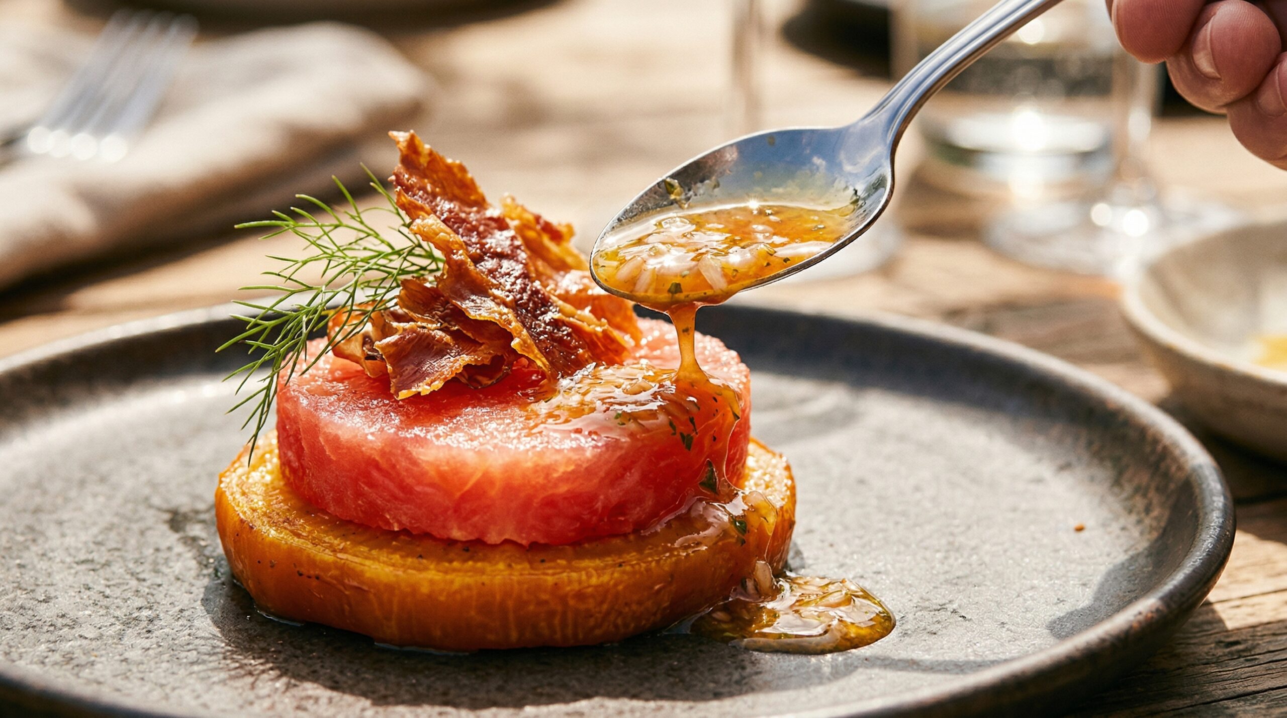 Macro detail of a translucent beet and watermelon medallion stack with crispy prosciutto