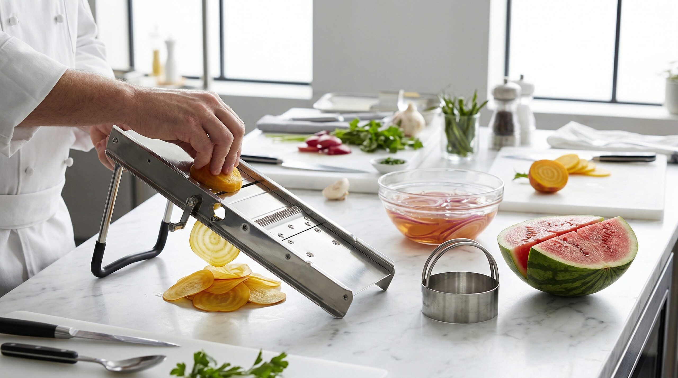 Technical preparation of beet and watermelon medallions using a professional mandoline and biscuit cutter
