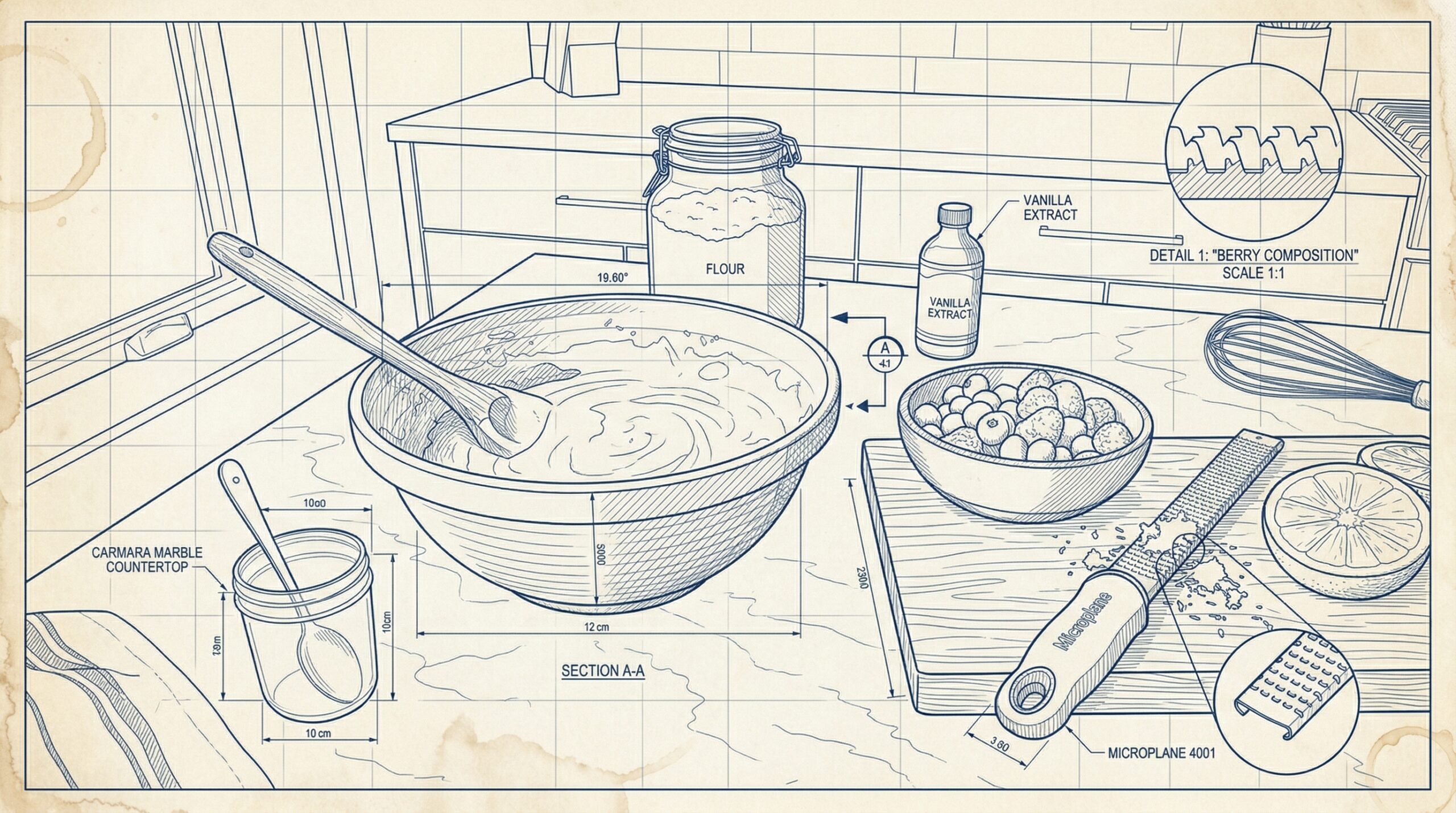 A heavy ceramic mixing bowl holding thick, pale yellow batter next to fresh blueberries and raspberries lightly dusted in flour