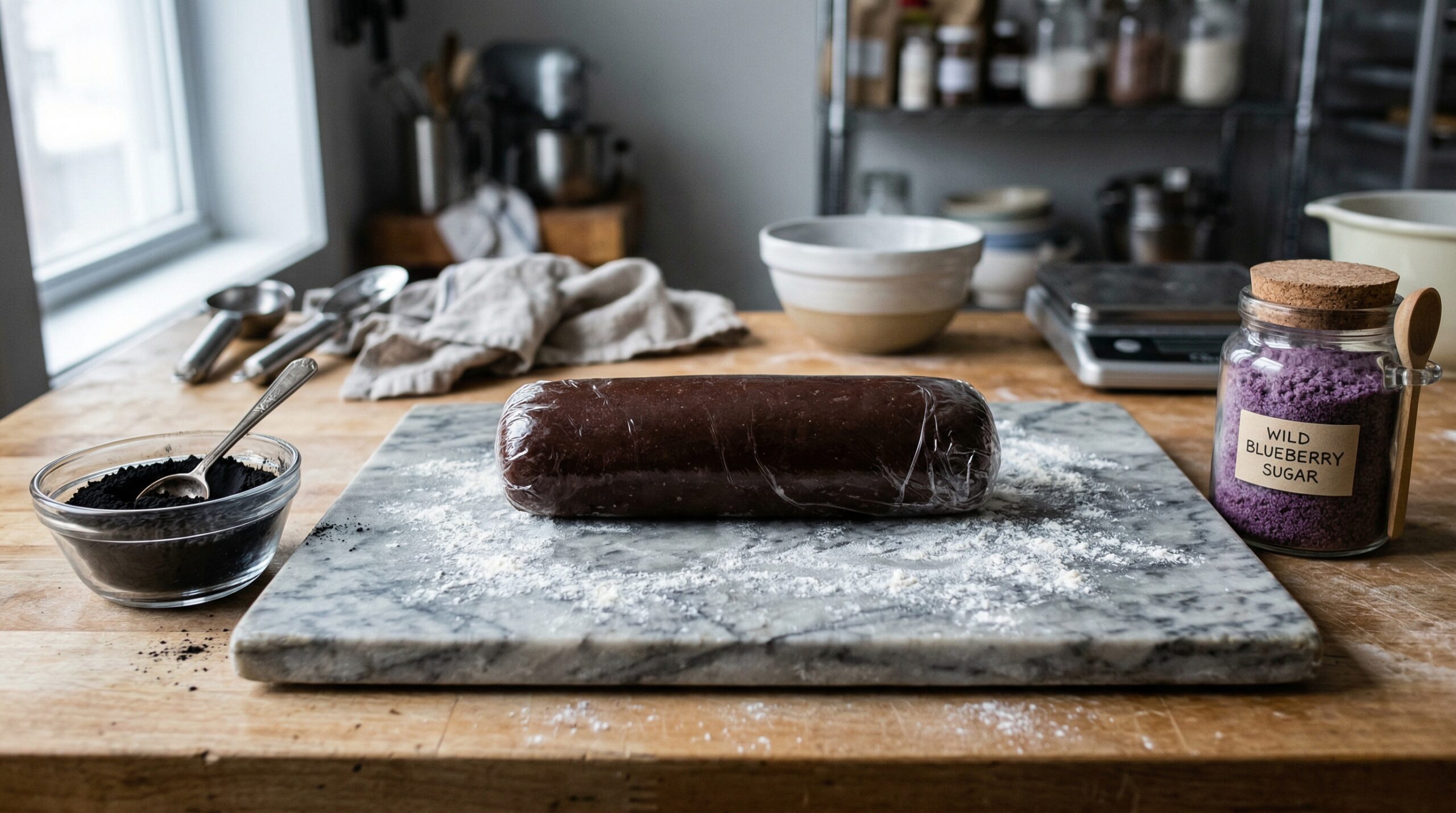 A perfectly smooth, dark chocolate cookie dough log wrapped tightly in clear plastic wrap resting next to black cocoa powder and wild blueberry sugar