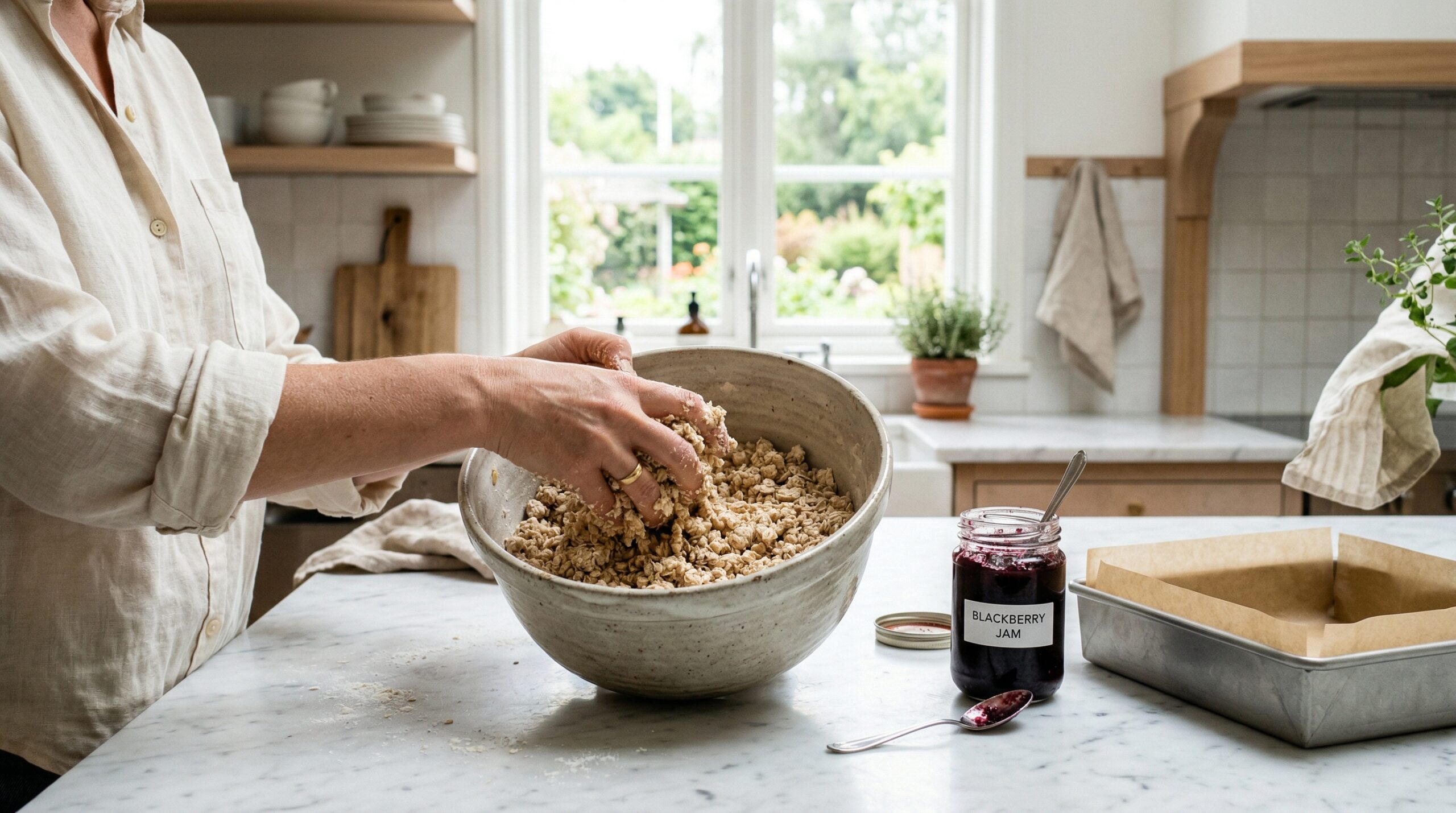 Technical preparation of a coarse oat and flour streusel dough on a marble prep station