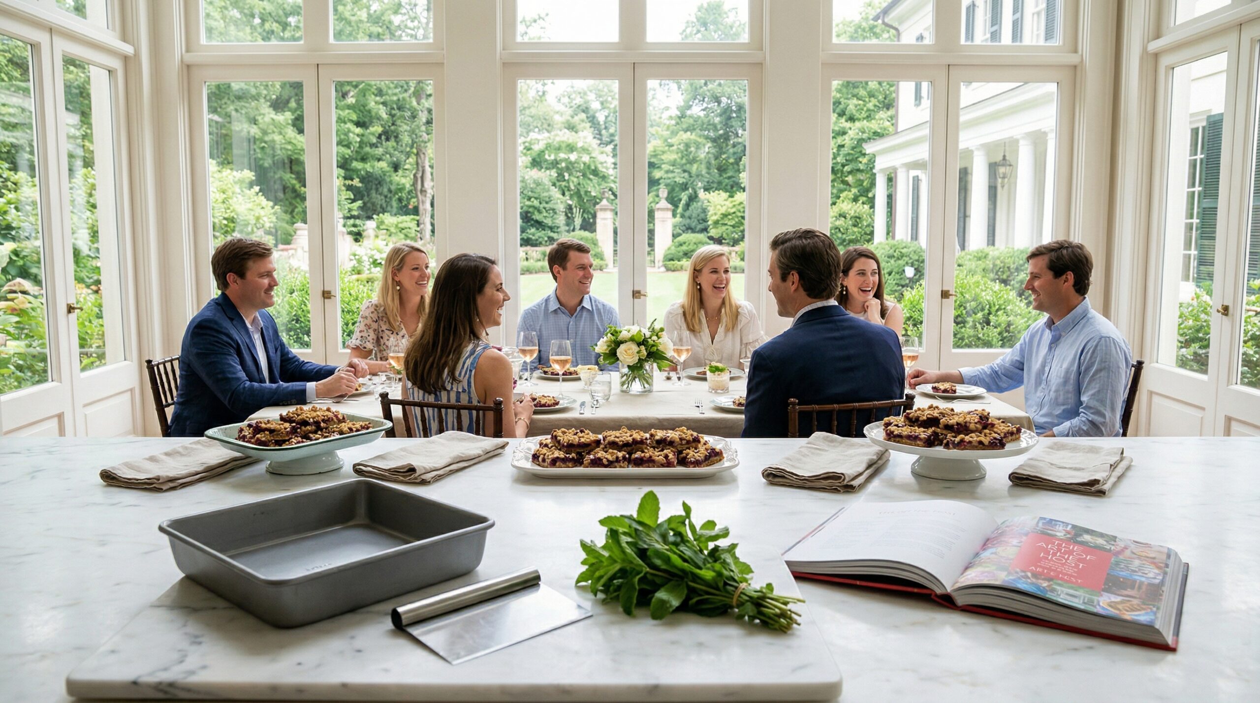 Mid-afternoon estate sunroom gathering for eight featuring platters of blackberry jam oat bars