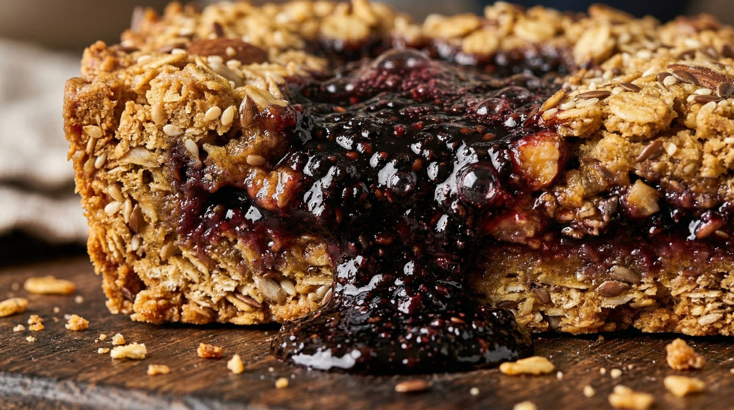 Macro detail of thick blackberry jam bubbling through a golden oat streusel crust