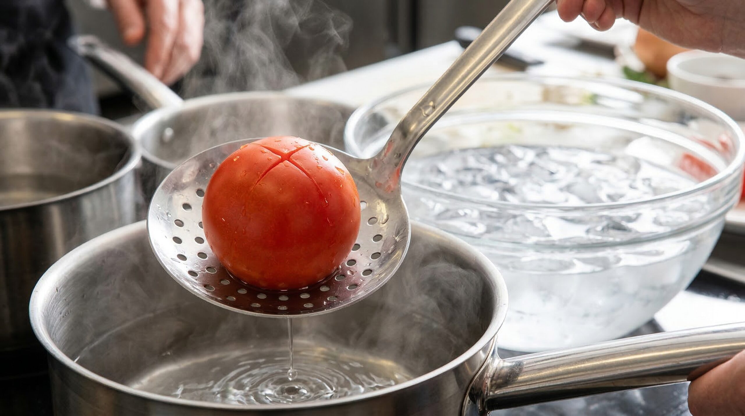 Demonstrating the blanch and peel technique for fresh garden tomatoes
