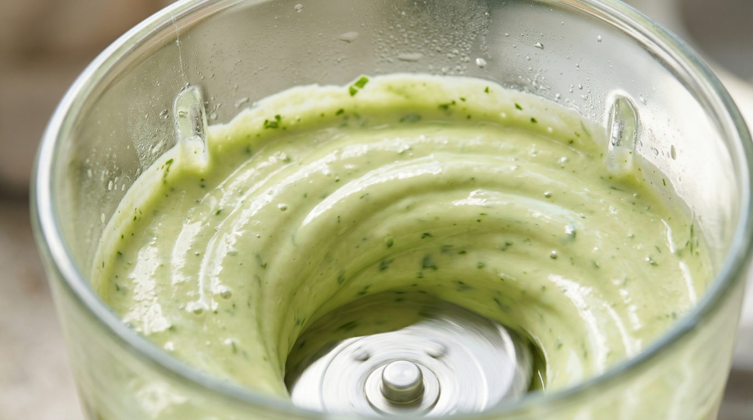 Macro detail of bright green avocado, plain Greek yogurt, fresh cilantro, and lime juice actively whirling into a perfectly smooth cream in a food processor