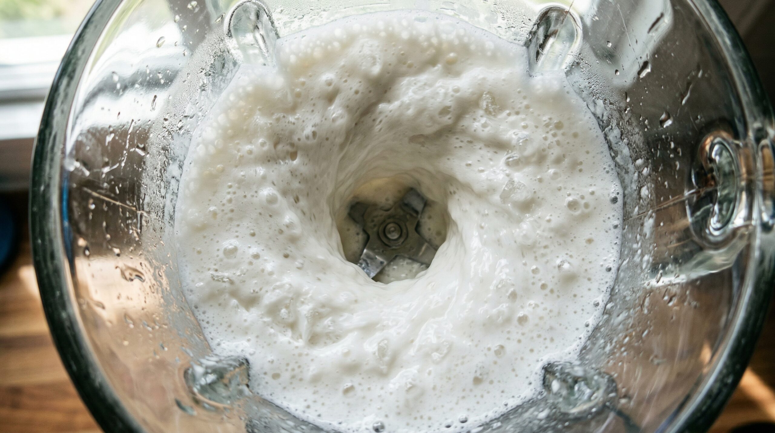 Macro detail of thick coconut milk, crushed ice, lime juice, and tequila actively whirling into a perfectly smooth, frothy cocktail inside a heavy glass blender