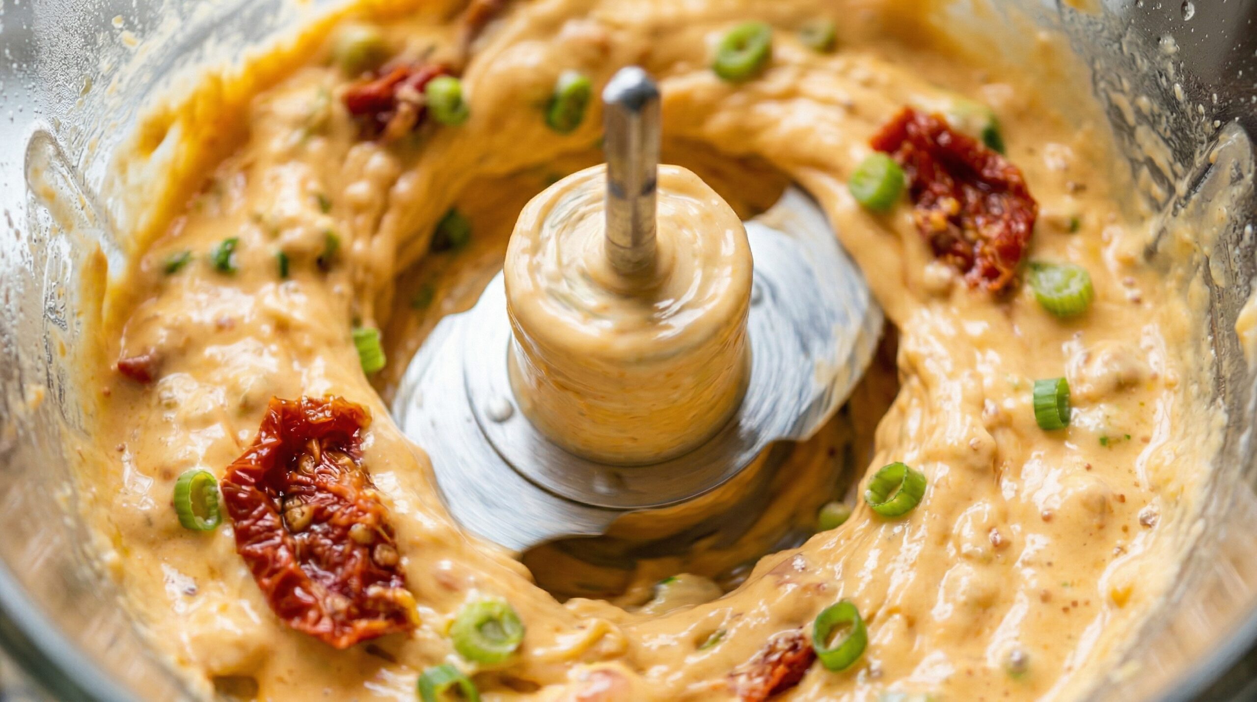 Macro detail of a thick, creamy, pale orange cheddar and provolone cheese spread actively whirling with bright red sun-dried tomatoes and green scallions inside a food processor