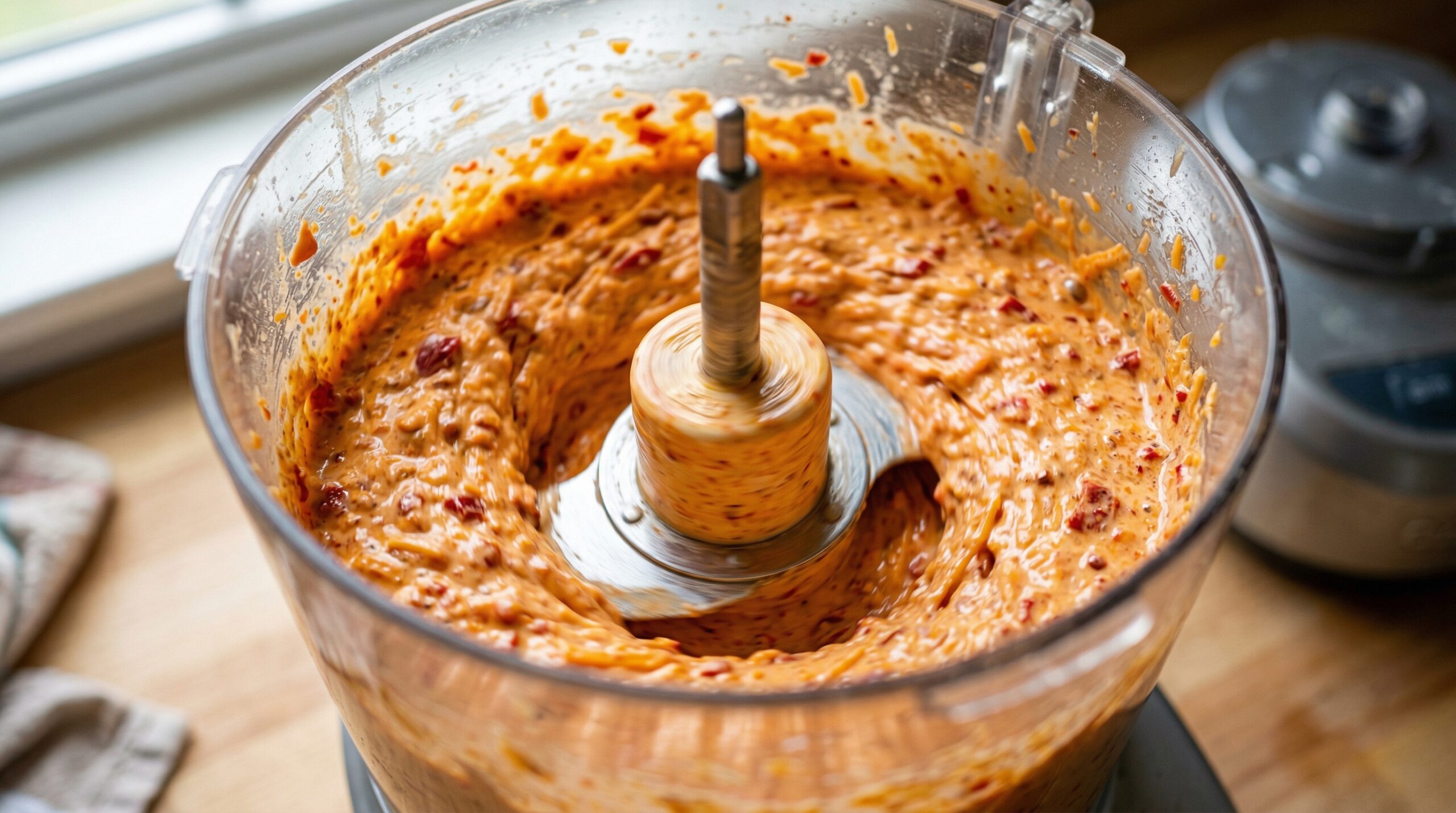 Macro detail of rich cream cheese, mayonnaise, grated cheddar, and vibrant roasted red peppers actively whirling into a smooth orange-red spread