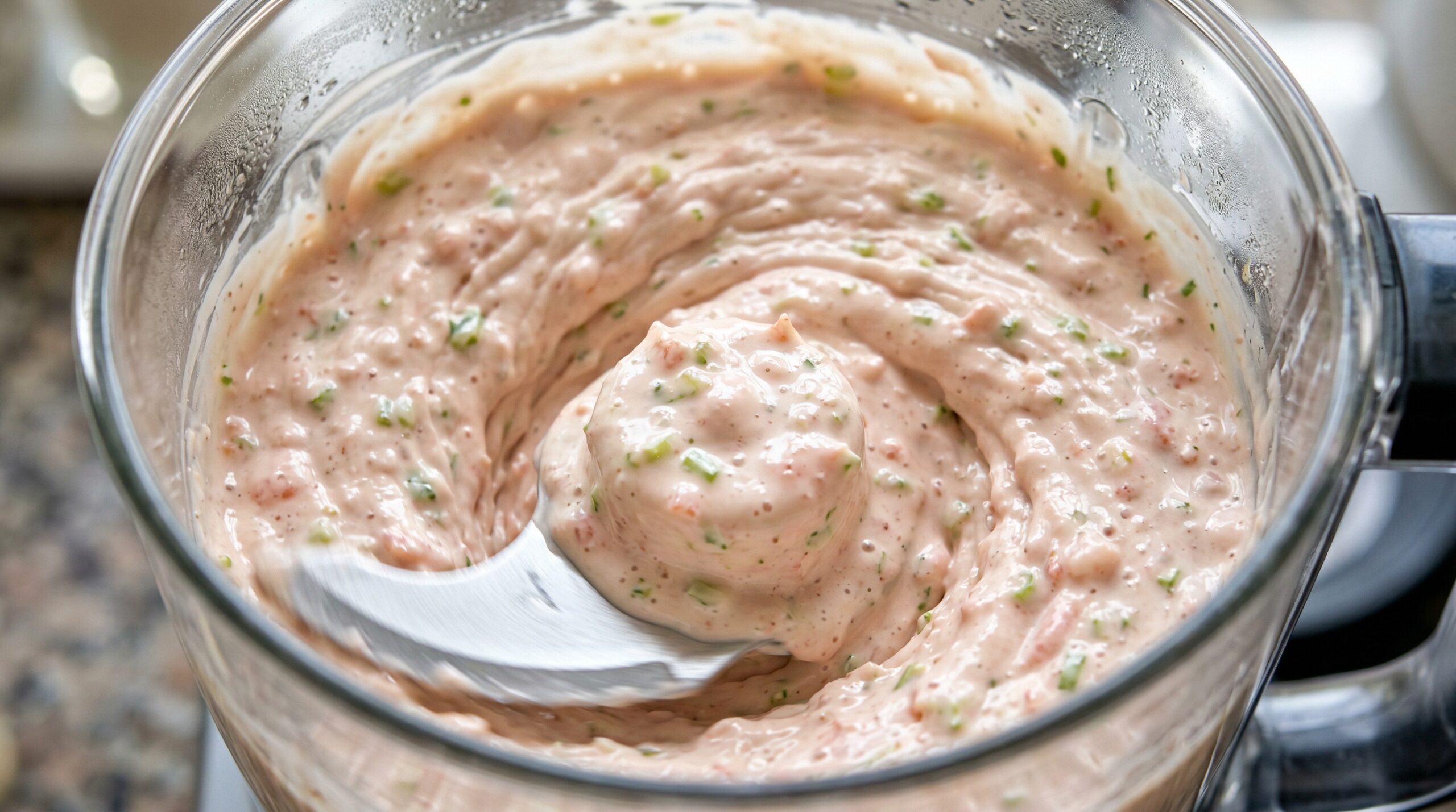 Macro detail of pink salad shrimp, mayonnaise, sour cream, and fresh celery actively whirling into a perfectly smooth spread inside a food processor