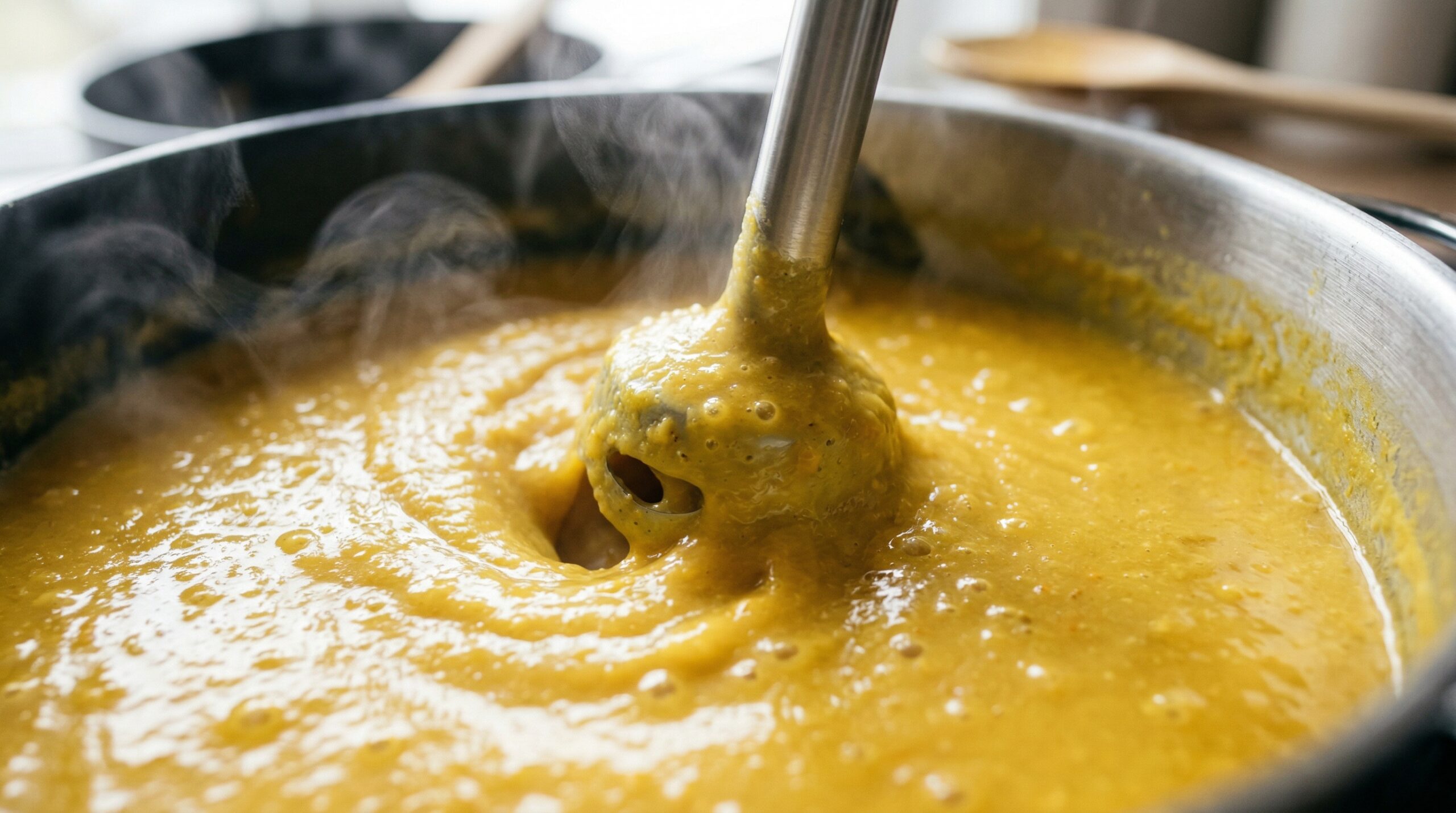 Macro detail of an immersion blender pureeing softened russet potatoes and turmeric-infused chicken broth into a velvety liquid
