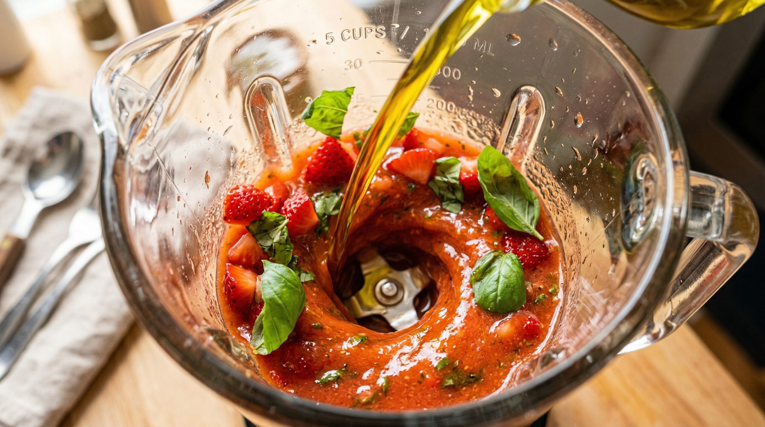 A swirling vortex of bright red chopped strawberries, basil leaves, and golden olive oil in a blender