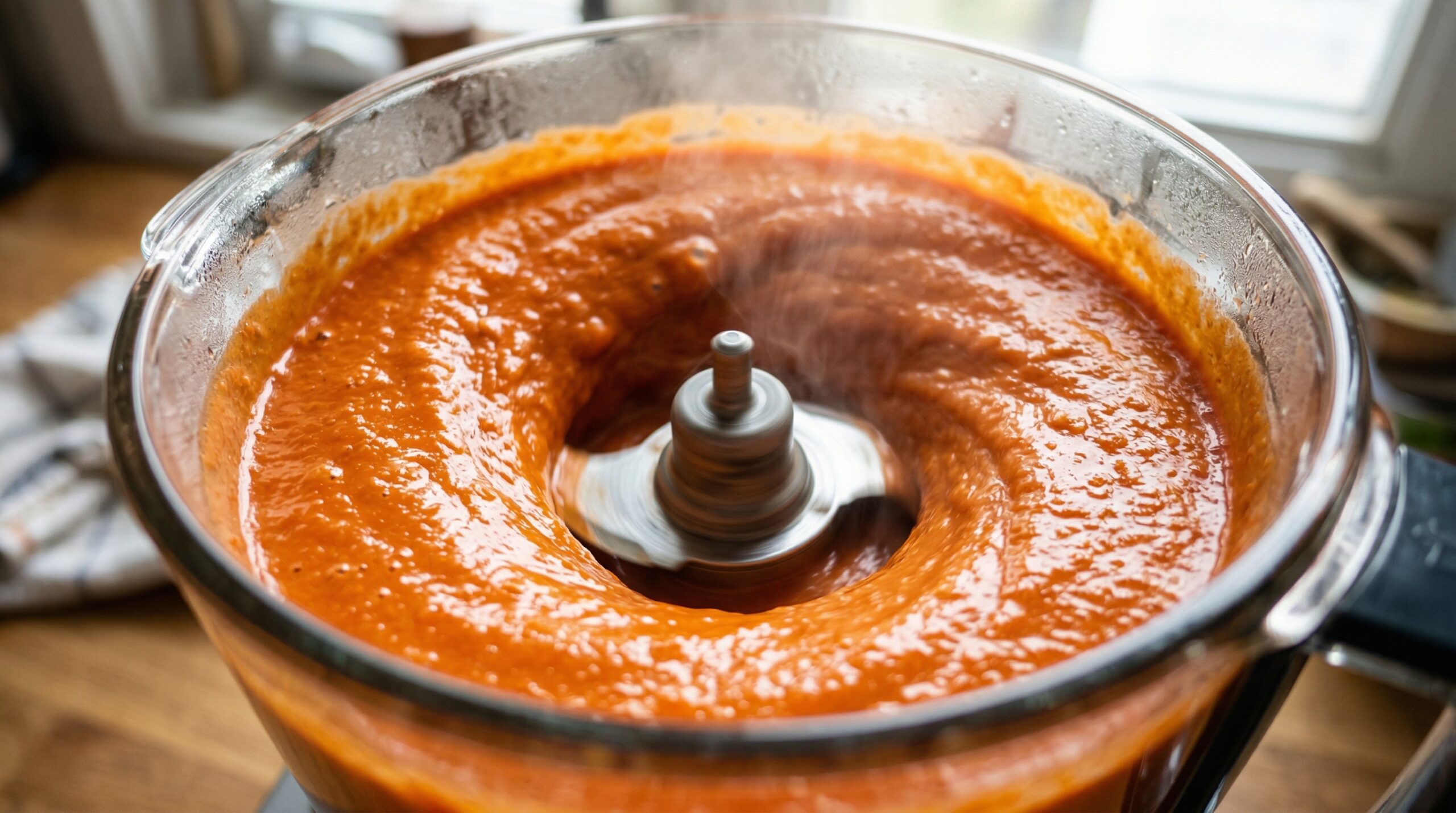 Macro detail of a hot, rich mixture of crushed tomatoes and roasted garlic actively whirling into a smooth bisque inside a food processor